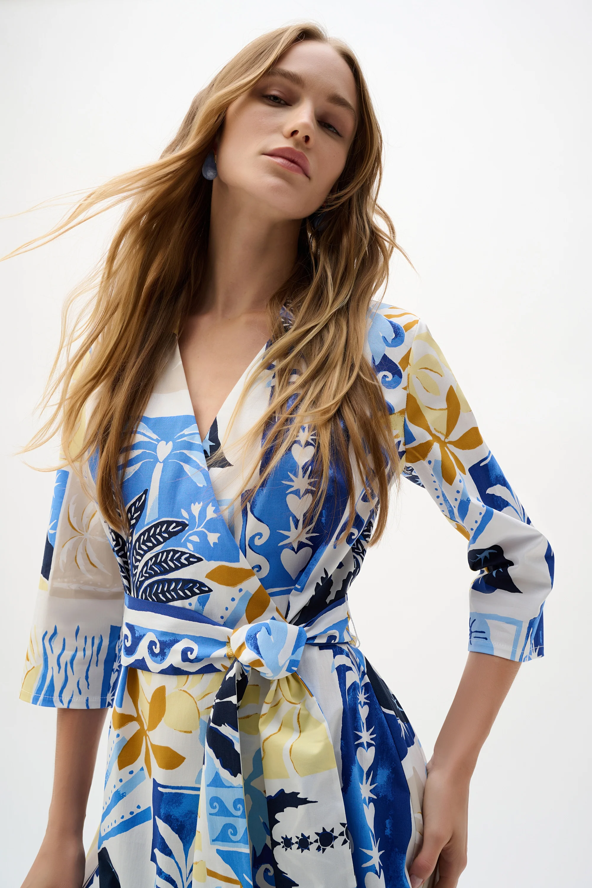 Joseph Ribkoff Stretch Cotton Tropical Print A-Line Wrap Dress Style 262225 - Image 4