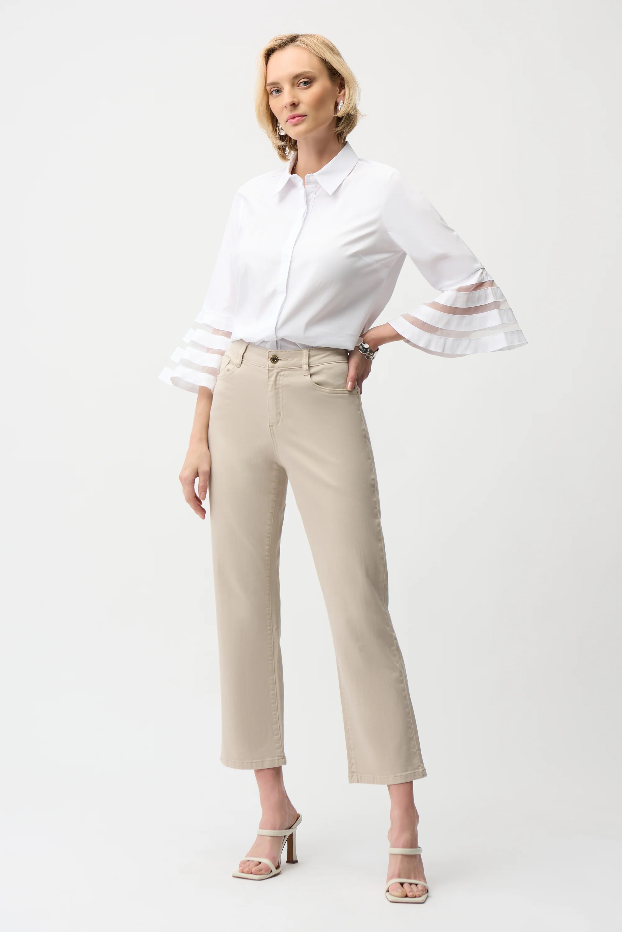 Joseph Ribkoff Poplin Straight Blouse with Organza Bell Sleeves Style 261933 - Image 2