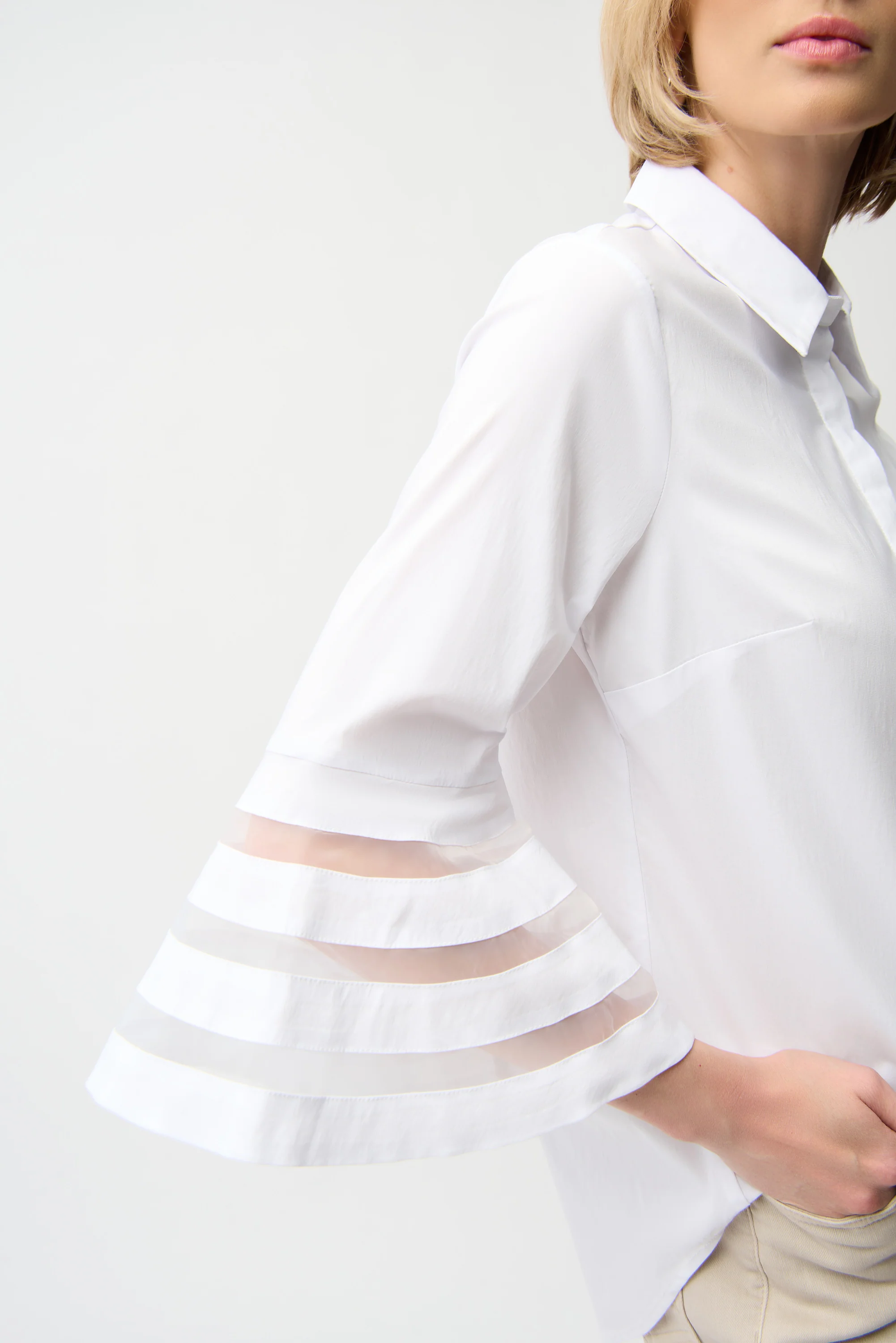 Joseph Ribkoff Poplin Straight Blouse with Organza Bell Sleeves Style 261933 - Image 3