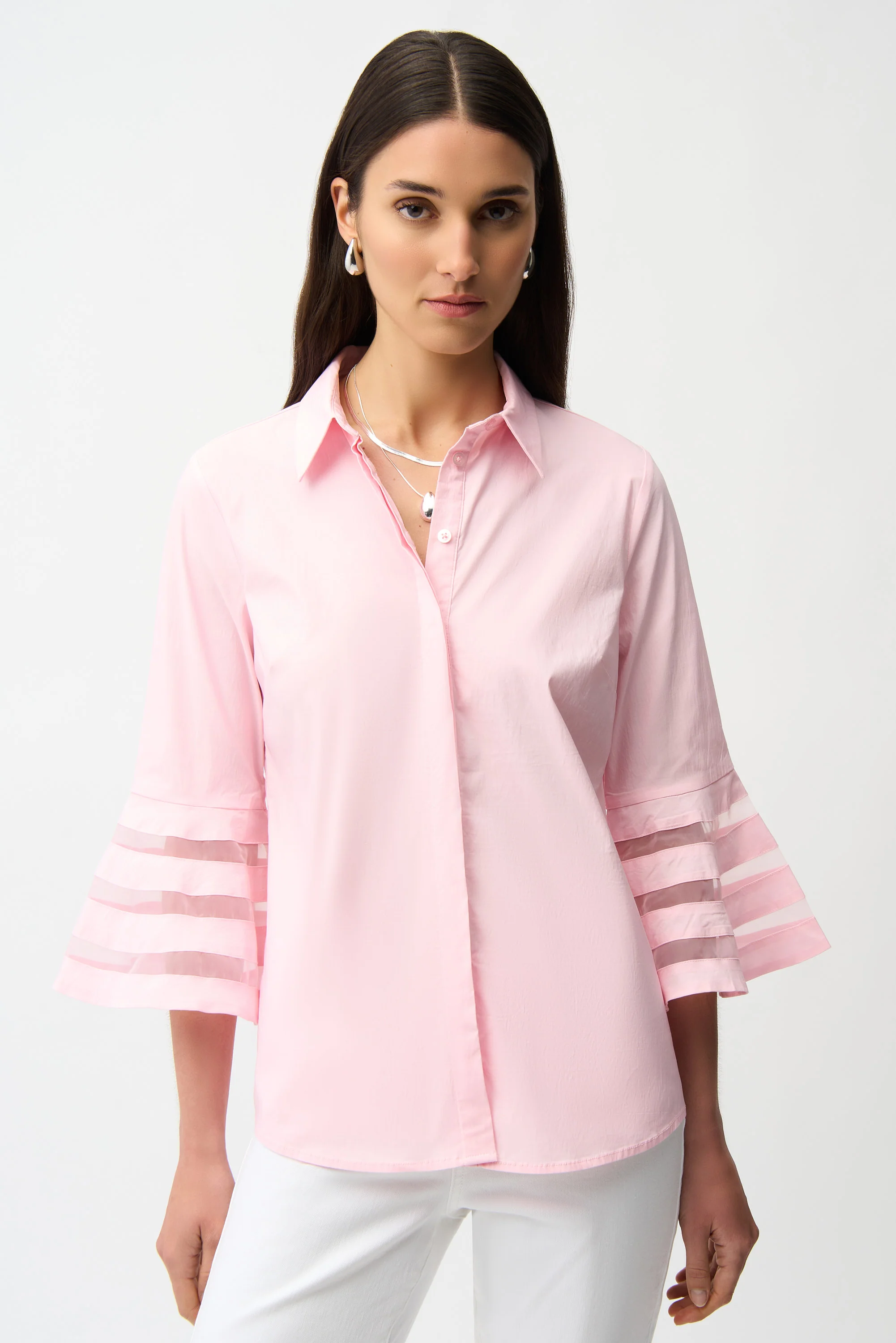 Joseph Ribkoff Poplin Straight Blouse with Organza Bell Sleeves Style 261933 - Image 5