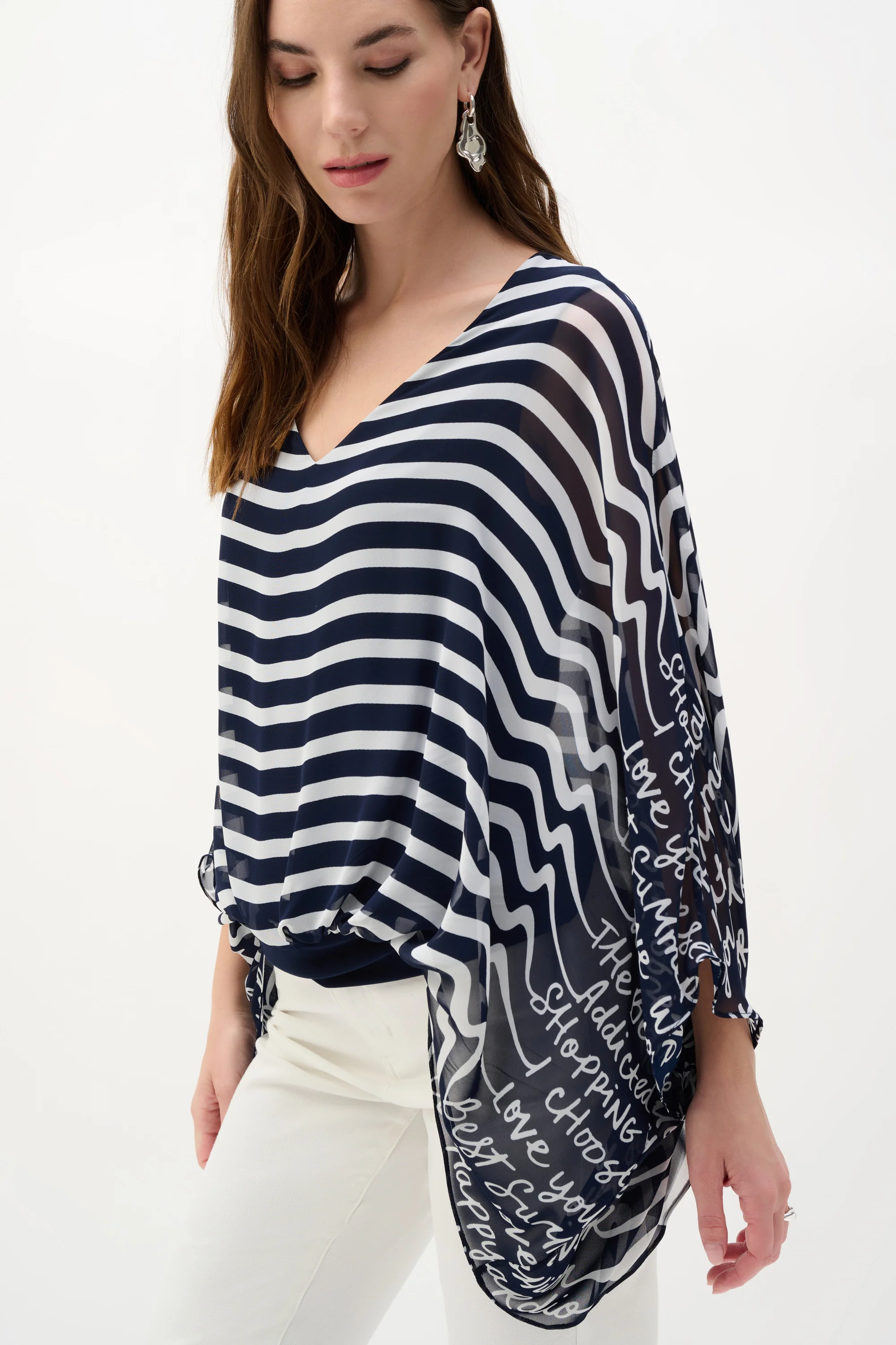 Joseph Ribkoff Stripe & Conversational Print Poncho Top Style 262188 - Image 3