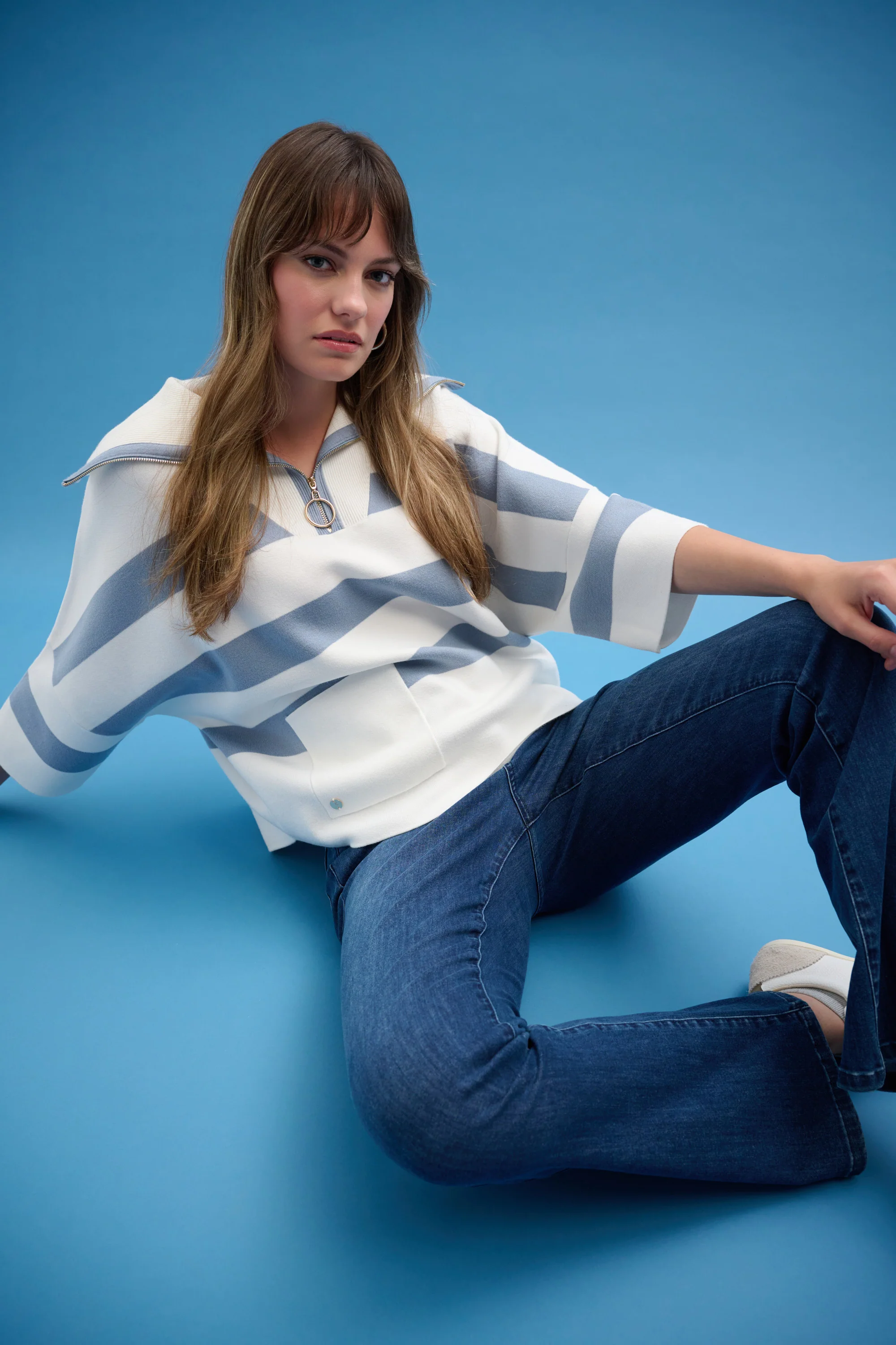 Joseph Ribkoff Stripe Print Boxy Sweater with Zipped Collar Style 261983 - Image 3