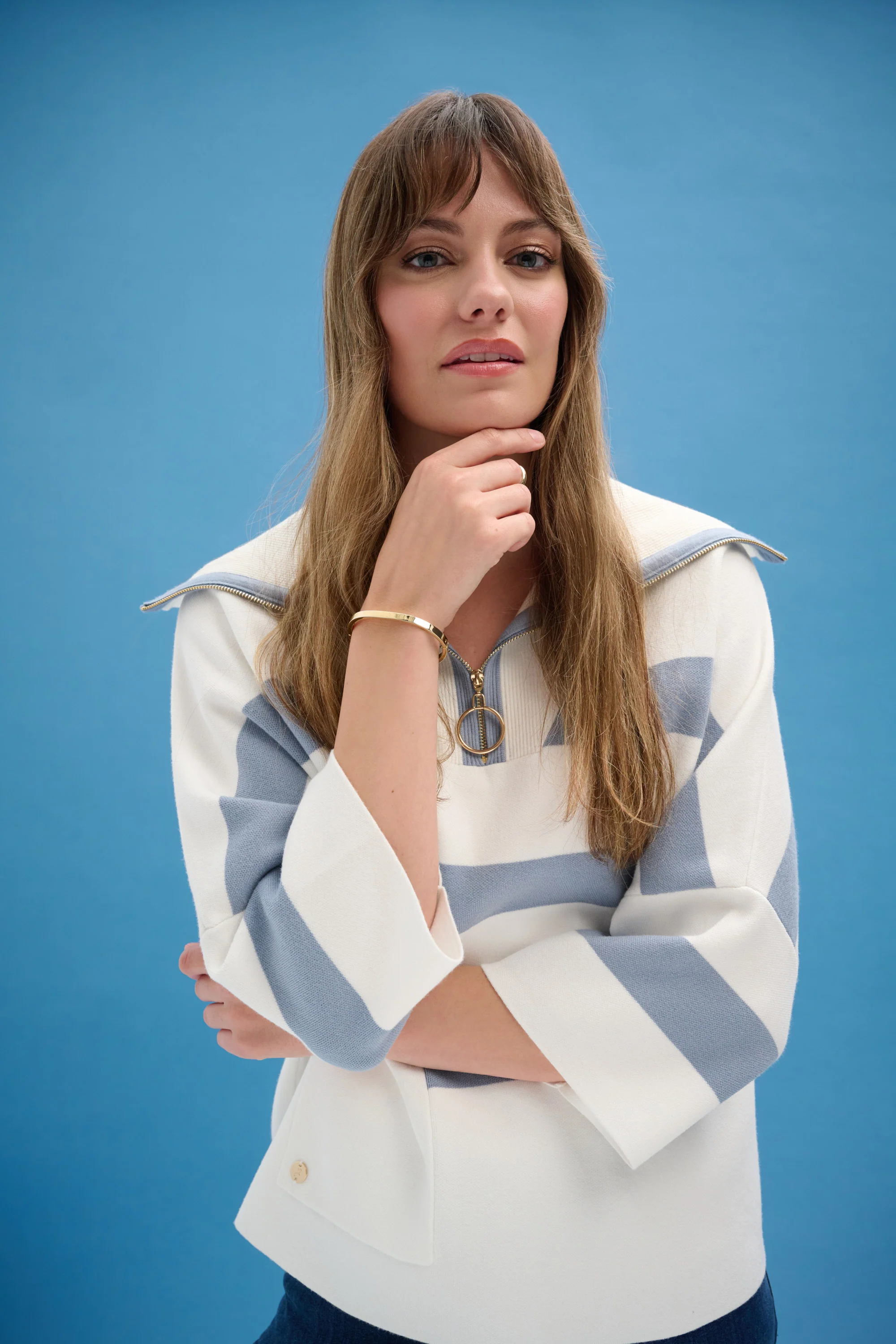 Joseph Ribkoff Stripe Print Boxy Sweater with Zipped Collar Style 261983 - Image 4