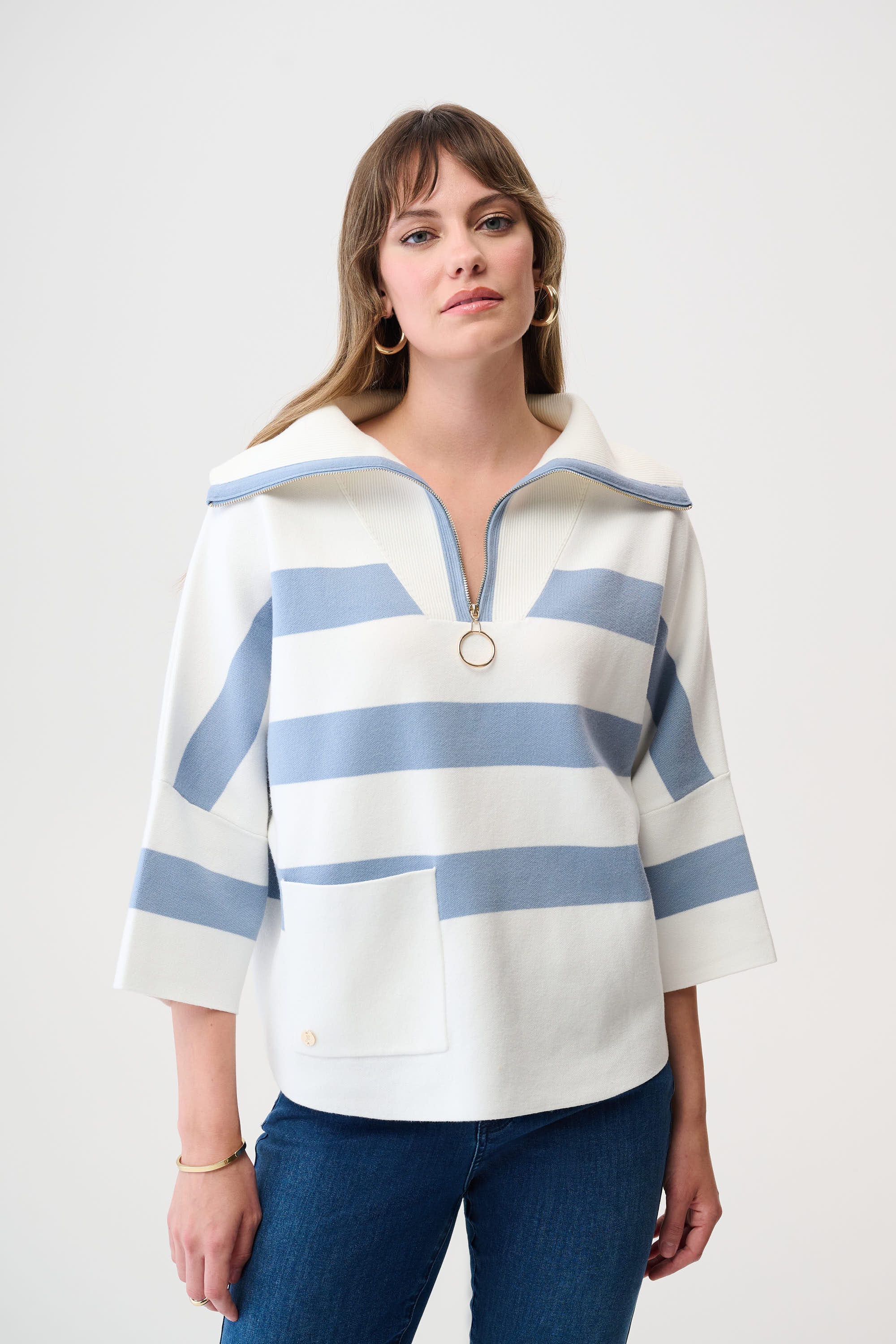 Joseph Ribkoff Stripe Print Boxy Sweater with Zipped Collar Style 261983 - Image 5