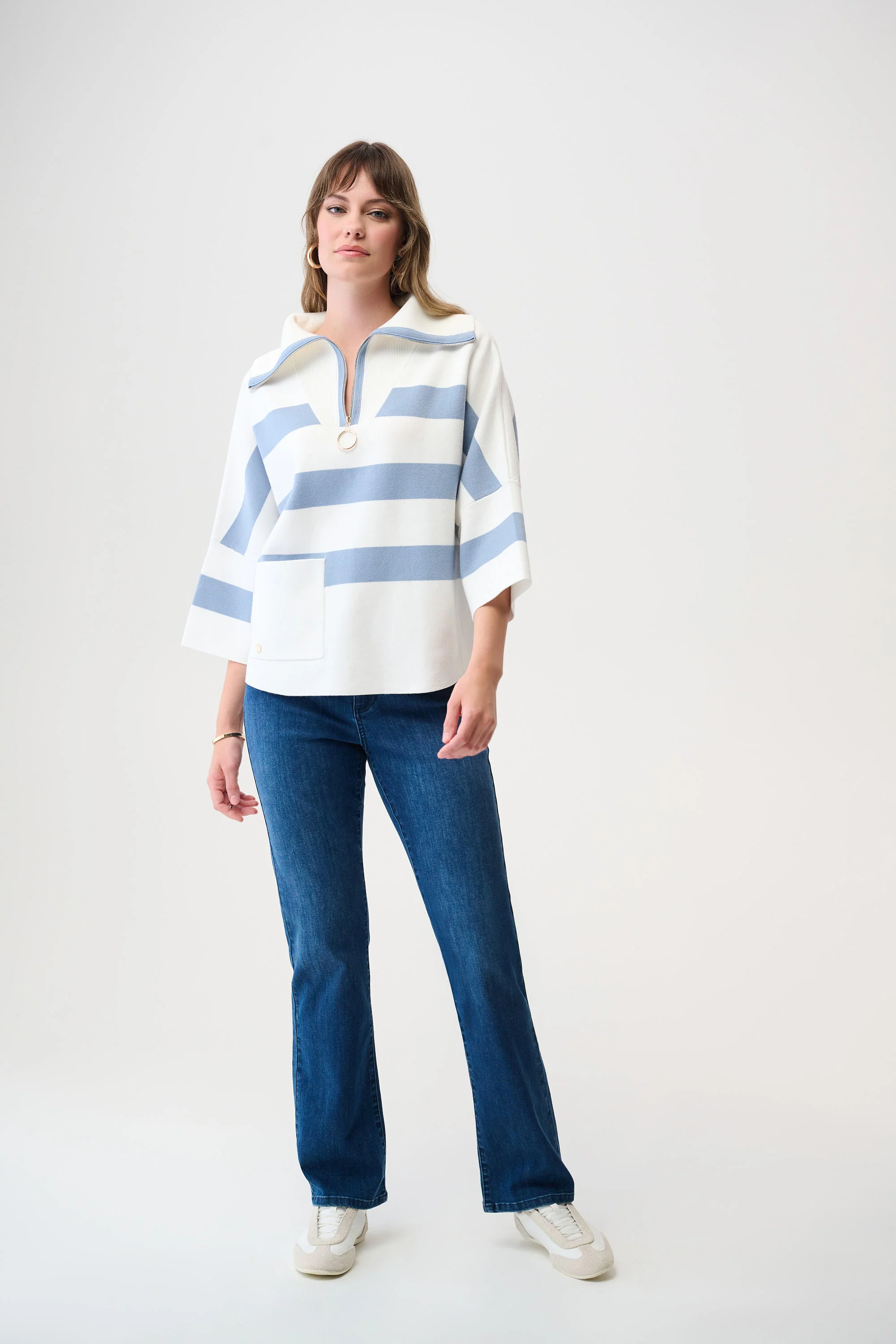 Joseph Ribkoff Stripe Print Boxy Sweater with Zipped Collar Style 261983 - Image 7