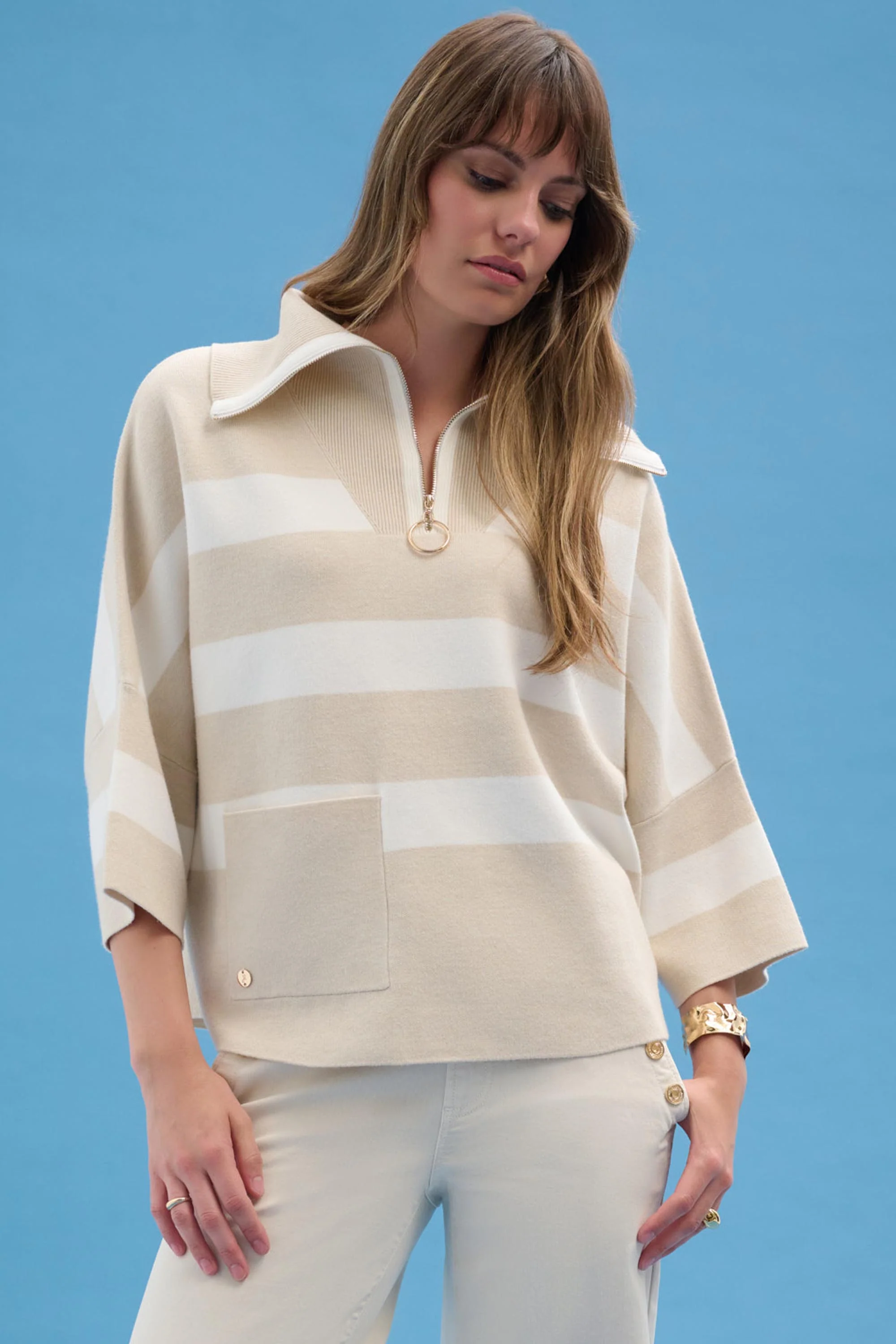 Joseph Ribkoff Stripe Print Boxy Sweater with Zipped Collar Style 261983 - Image 8