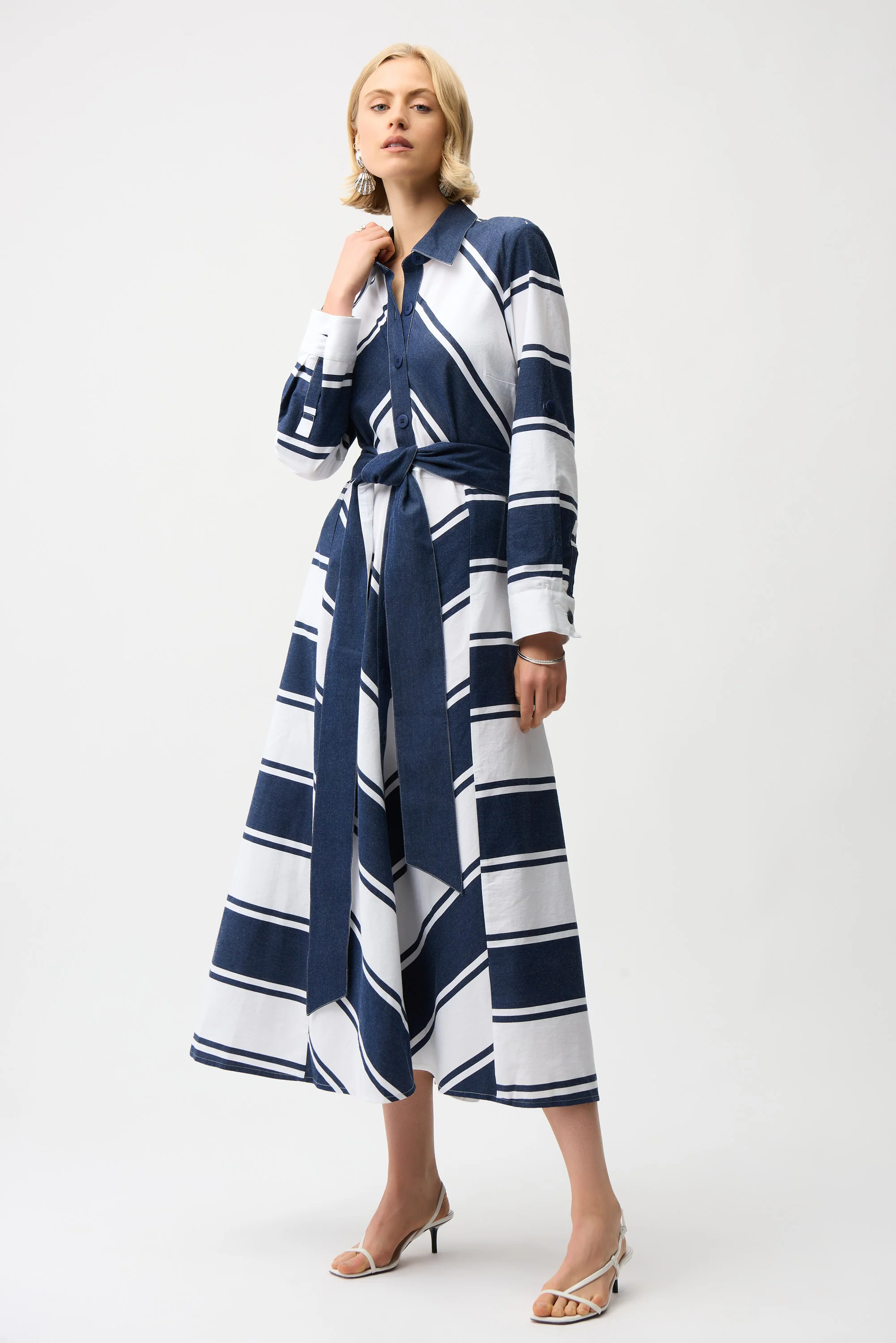 Joseph Ribkoff Stripe Print Fit & Flare Shirt Dress with Sash Style 261936 - Image 6
