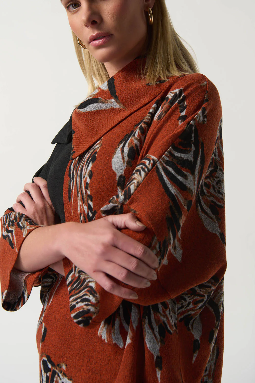 Joseph Ribkoff Tandoori/Multi Tiger Print Overlap Collar Top Style 233100 - Image 2