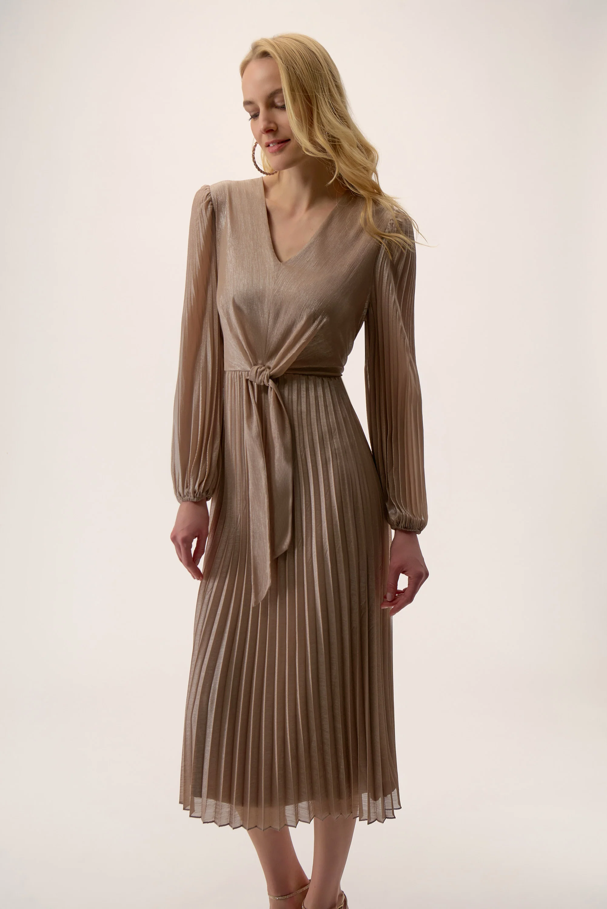 Joseph Ribkoff Taupe/Silver Fit and Flare Pleated Dress Style 254728 - Image 2