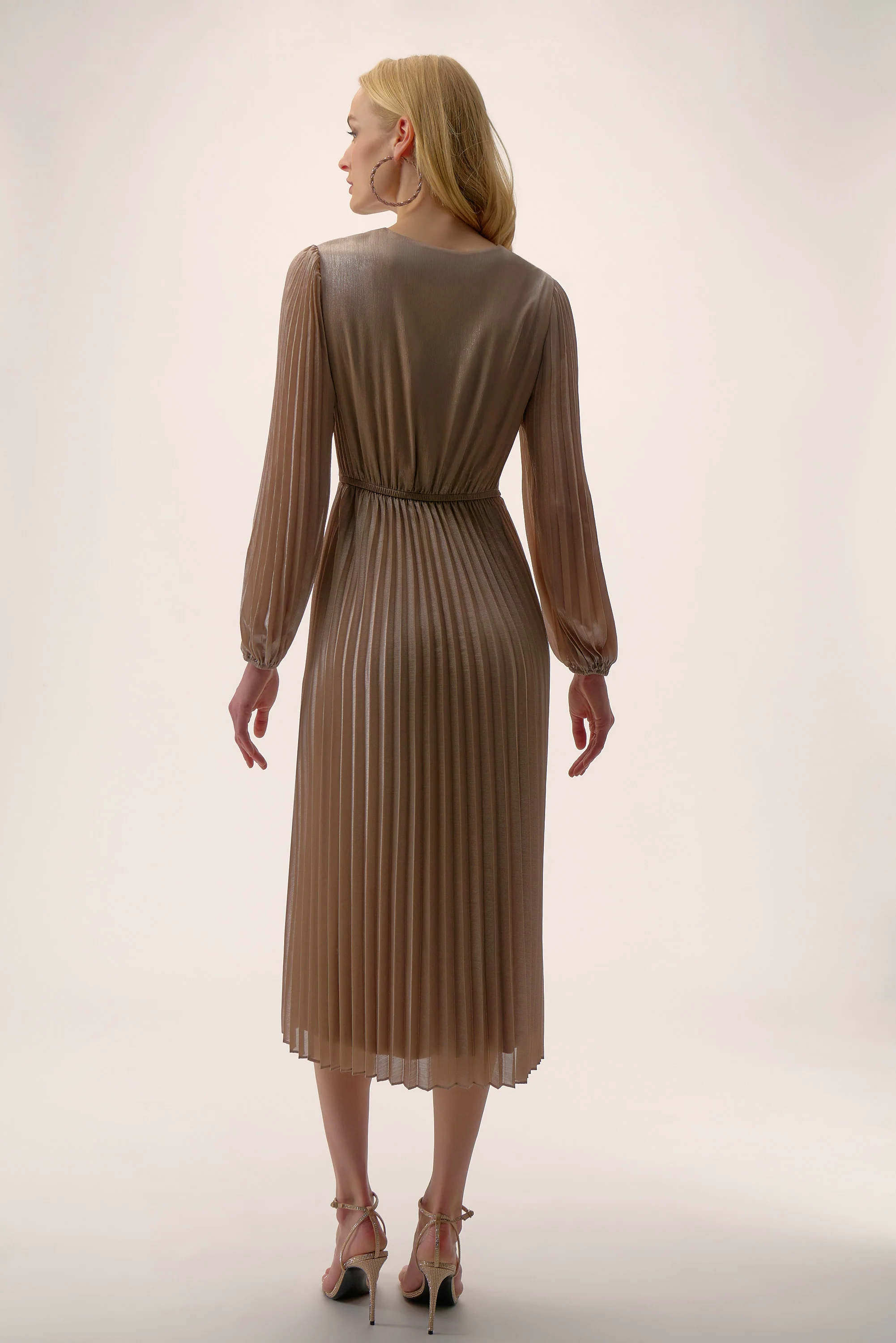 Joseph Ribkoff Taupe/Silver Fit and Flare Pleated Dress Style 254728 - Image 3