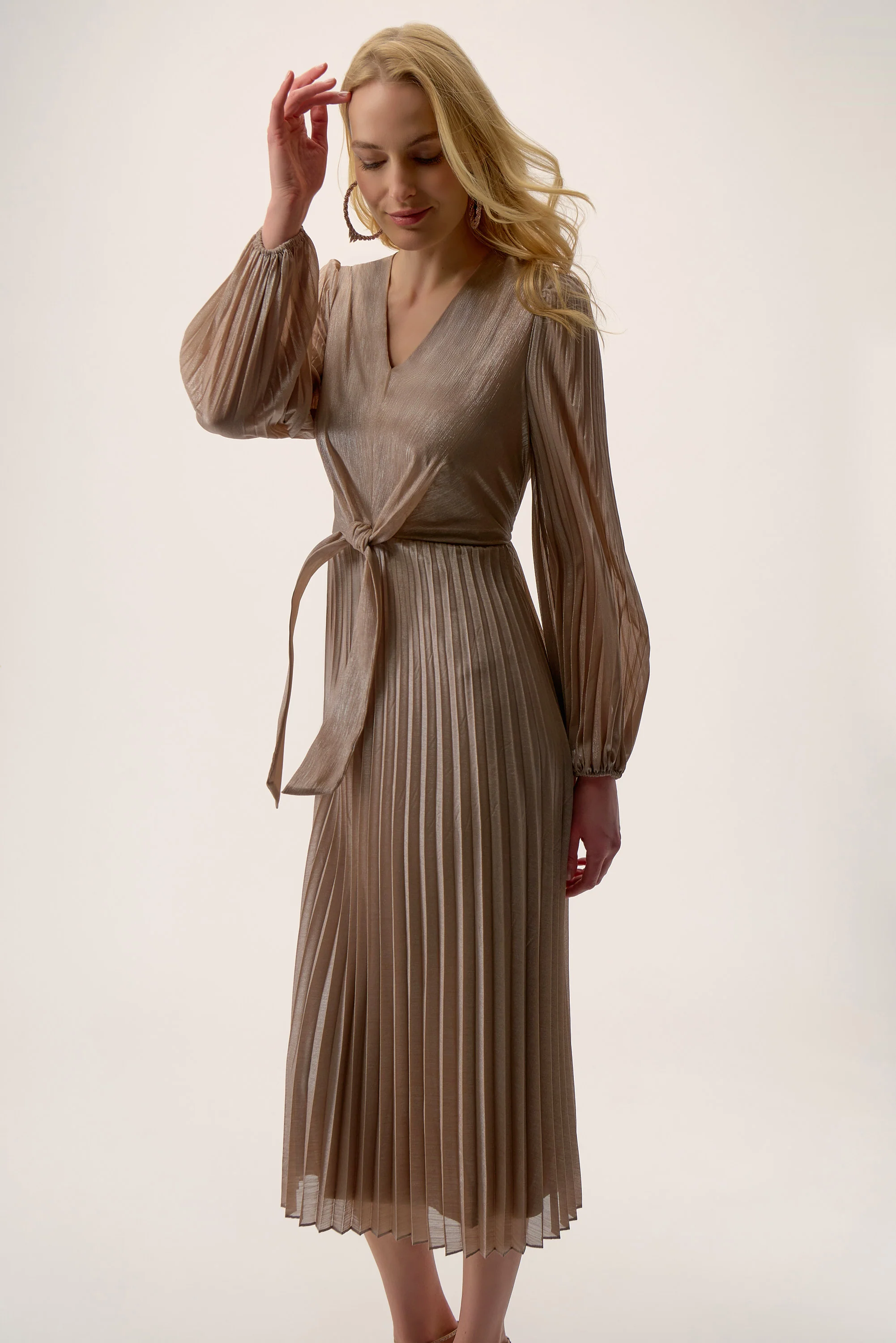 Joseph Ribkoff Taupe/Silver Fit and Flare Pleated Dress Style 254728 - Image 5