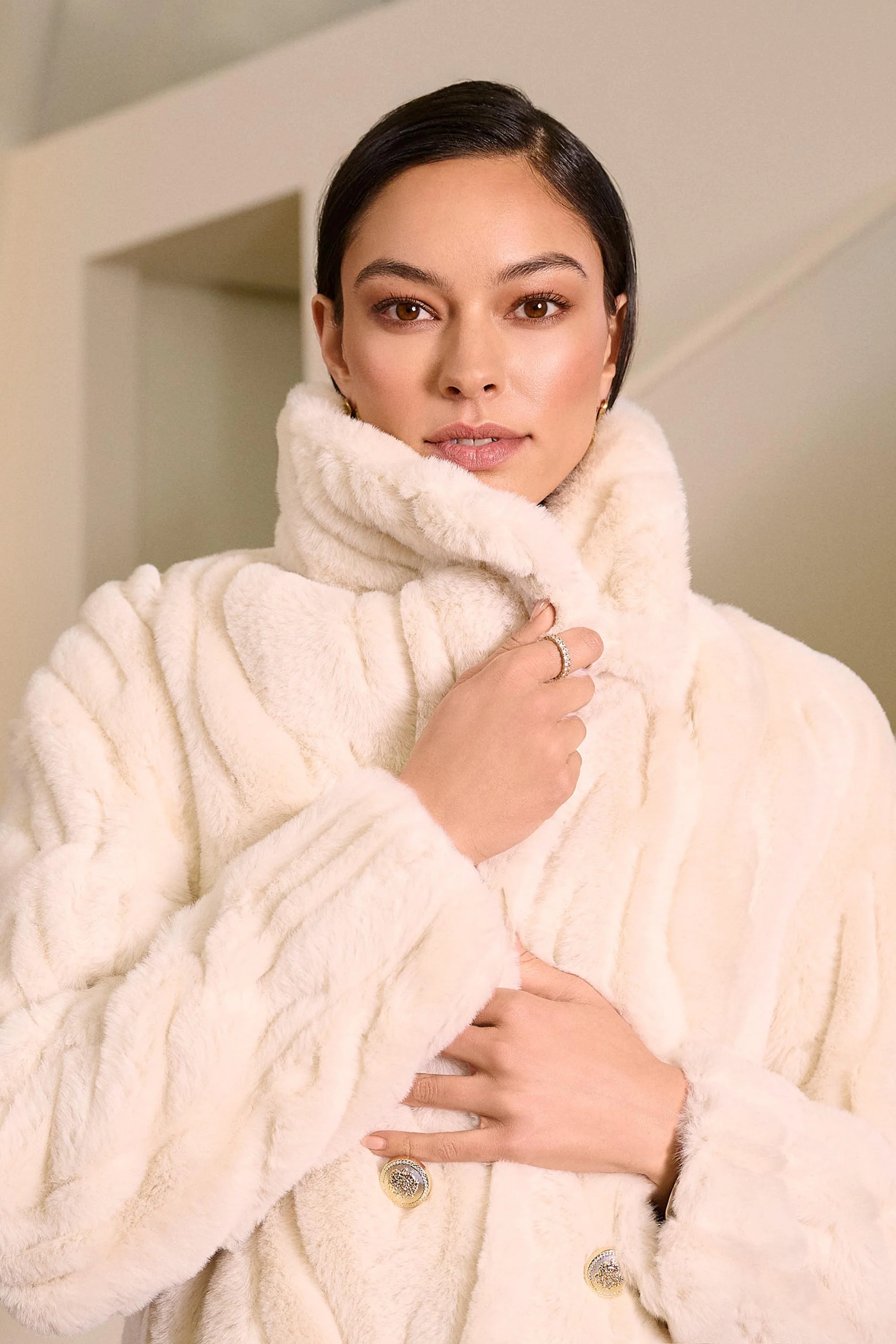 Joseph Ribkoff Textured Faux Fur Shawl Collar Coat Style 254908 - Image 3