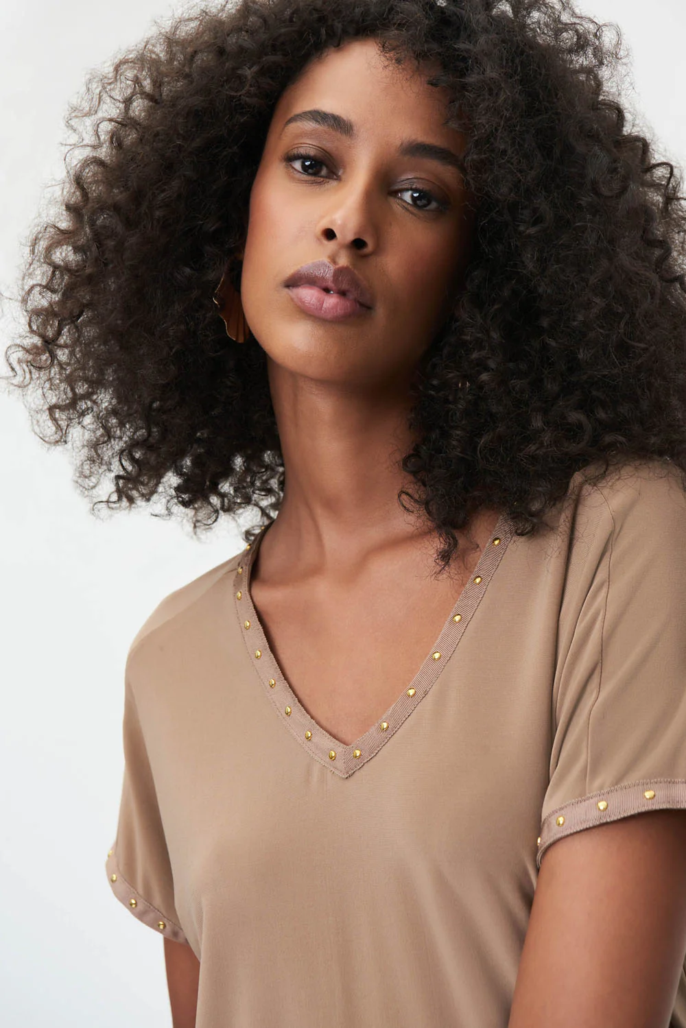 Joseph Ribkoff Tiger's Eye V-Neck Short Sleeve Top With Studs Style 232024 - Image 3