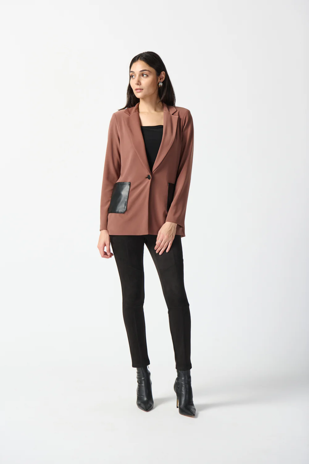 Joseph Ribkoff Toffee/Black Faux-Leather Pocket Blazer Style 233108 - Image 3