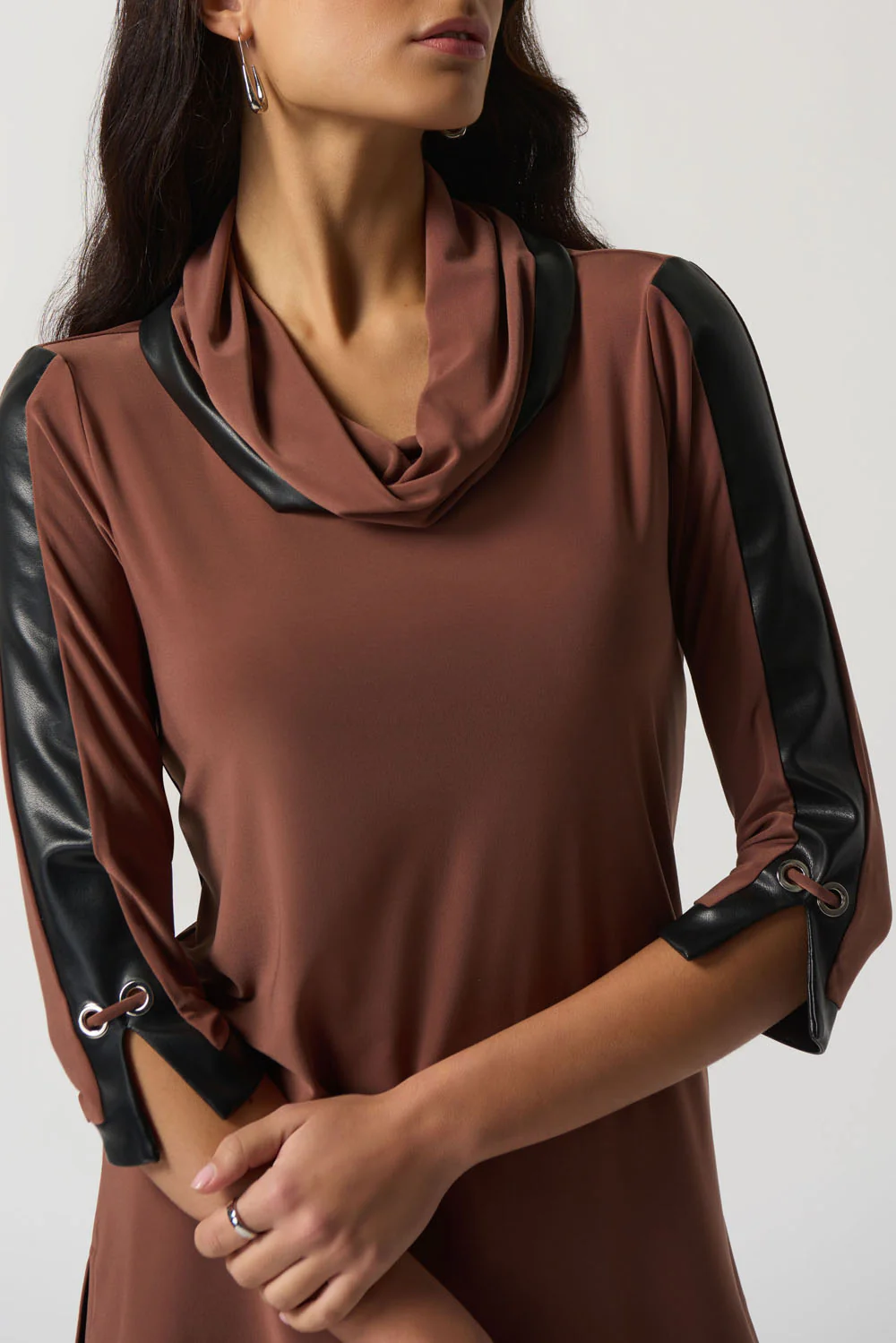 Joseph Ribkoff Toffee Faux-Leather Trim Tunic Style 233107 - Image 2