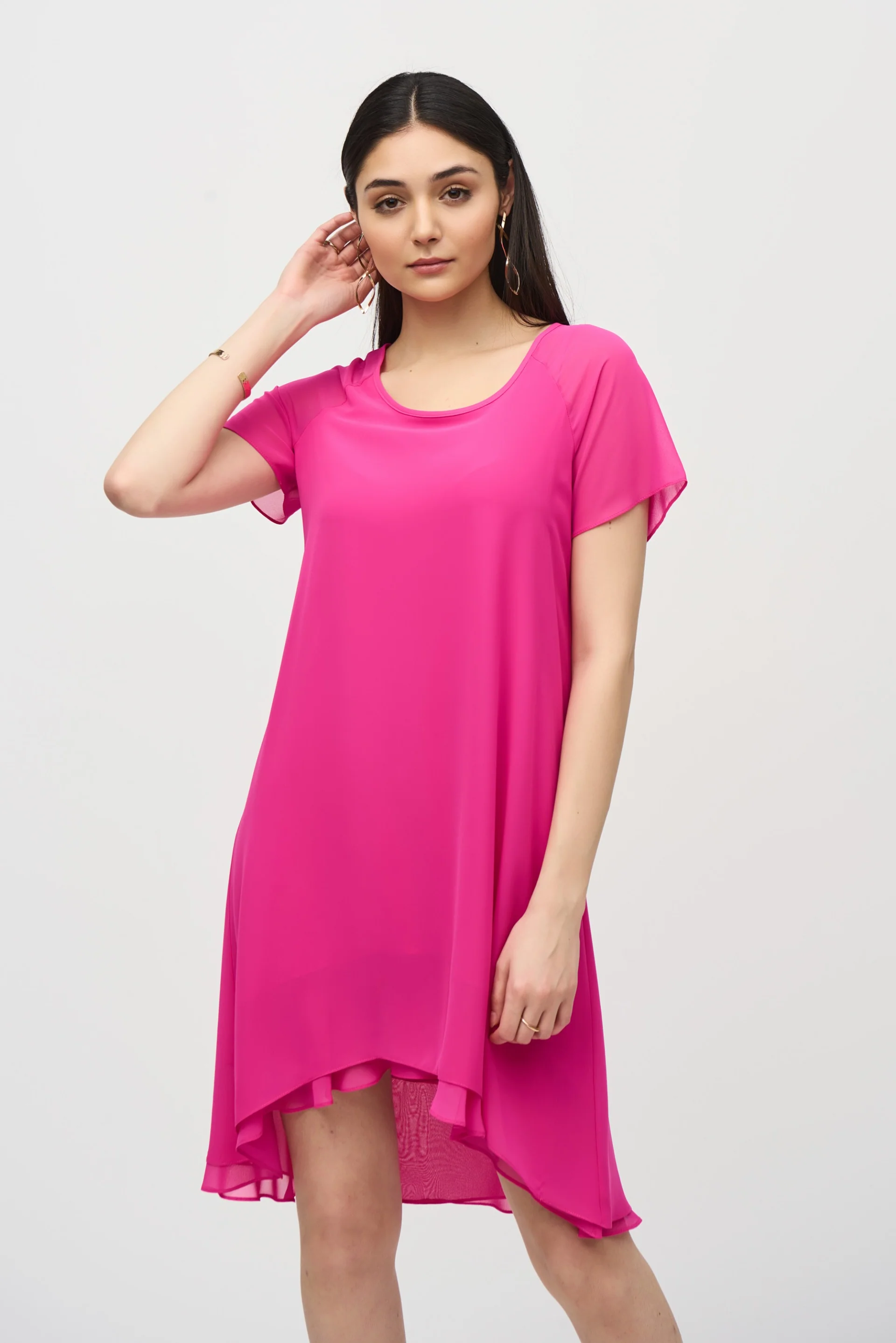 Joseph Ribkoff Ultra Pink Chiffon Layered Trapeze Dress Style 241084 - Image 2
