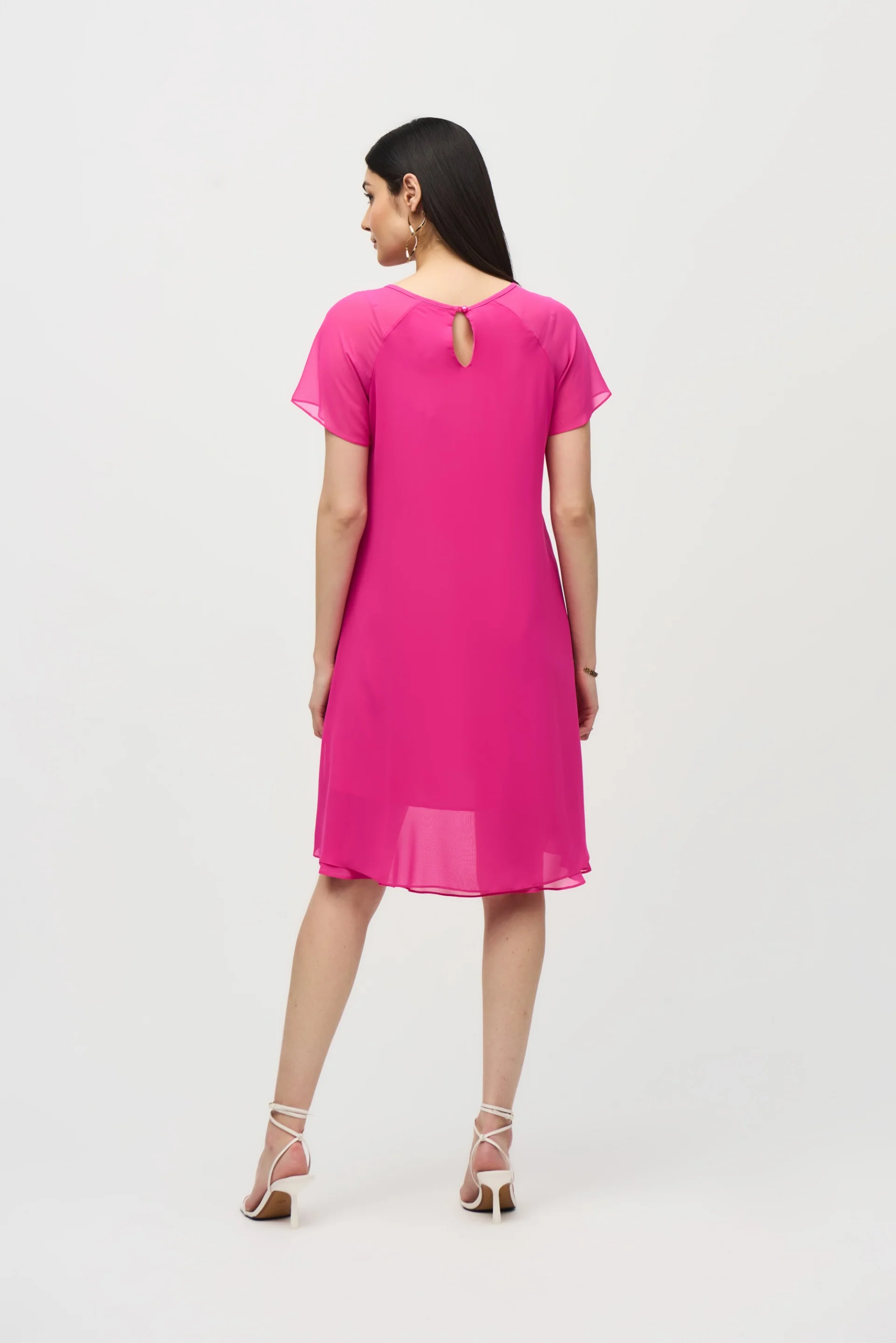 Joseph Ribkoff Ultra Pink Chiffon Layered Trapeze Dress Style 241084 - Image 3
