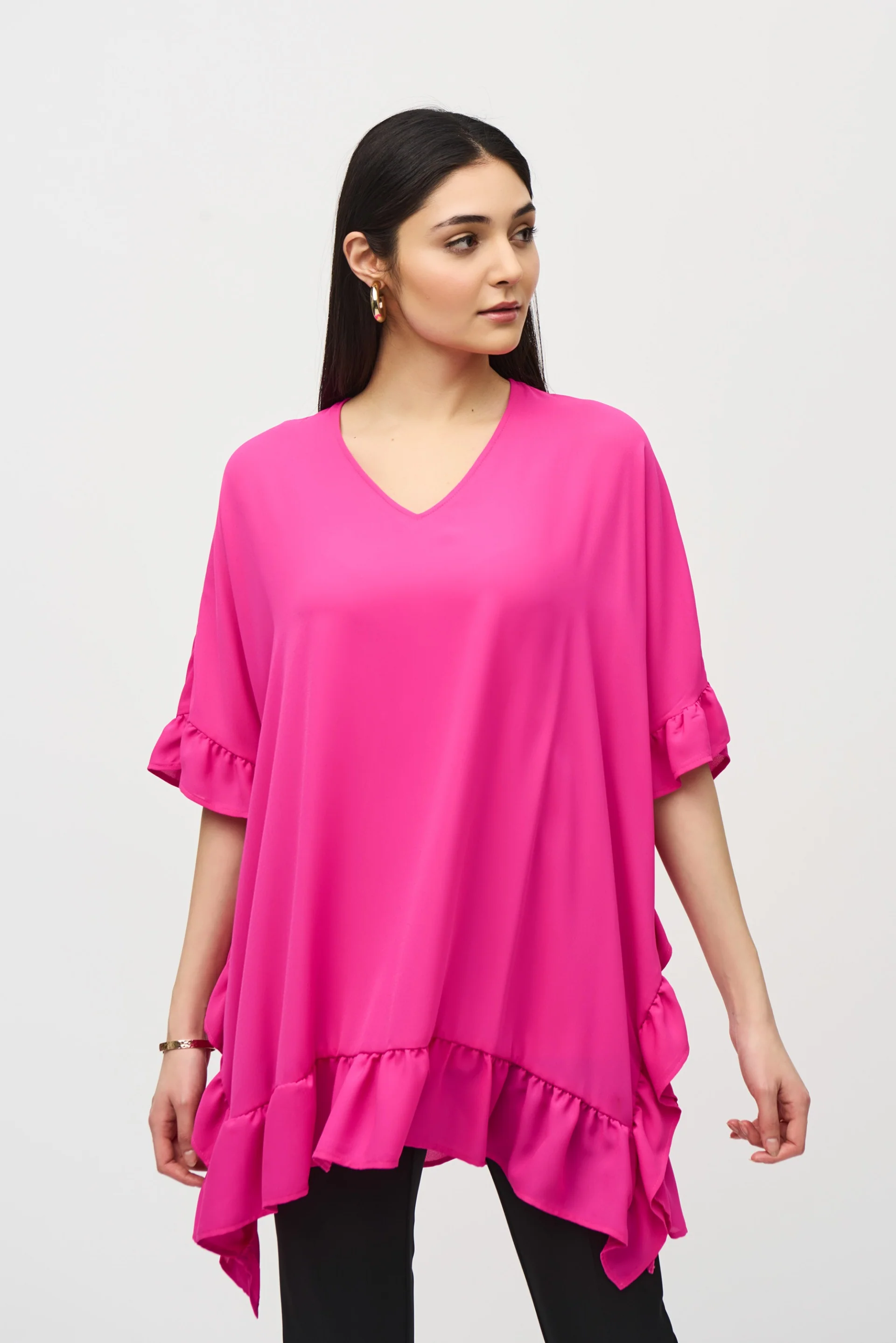 Joseph Ribkoff Ultra Pink Georgette Ruffled Poncho Tunic Style 241311 - Image 2