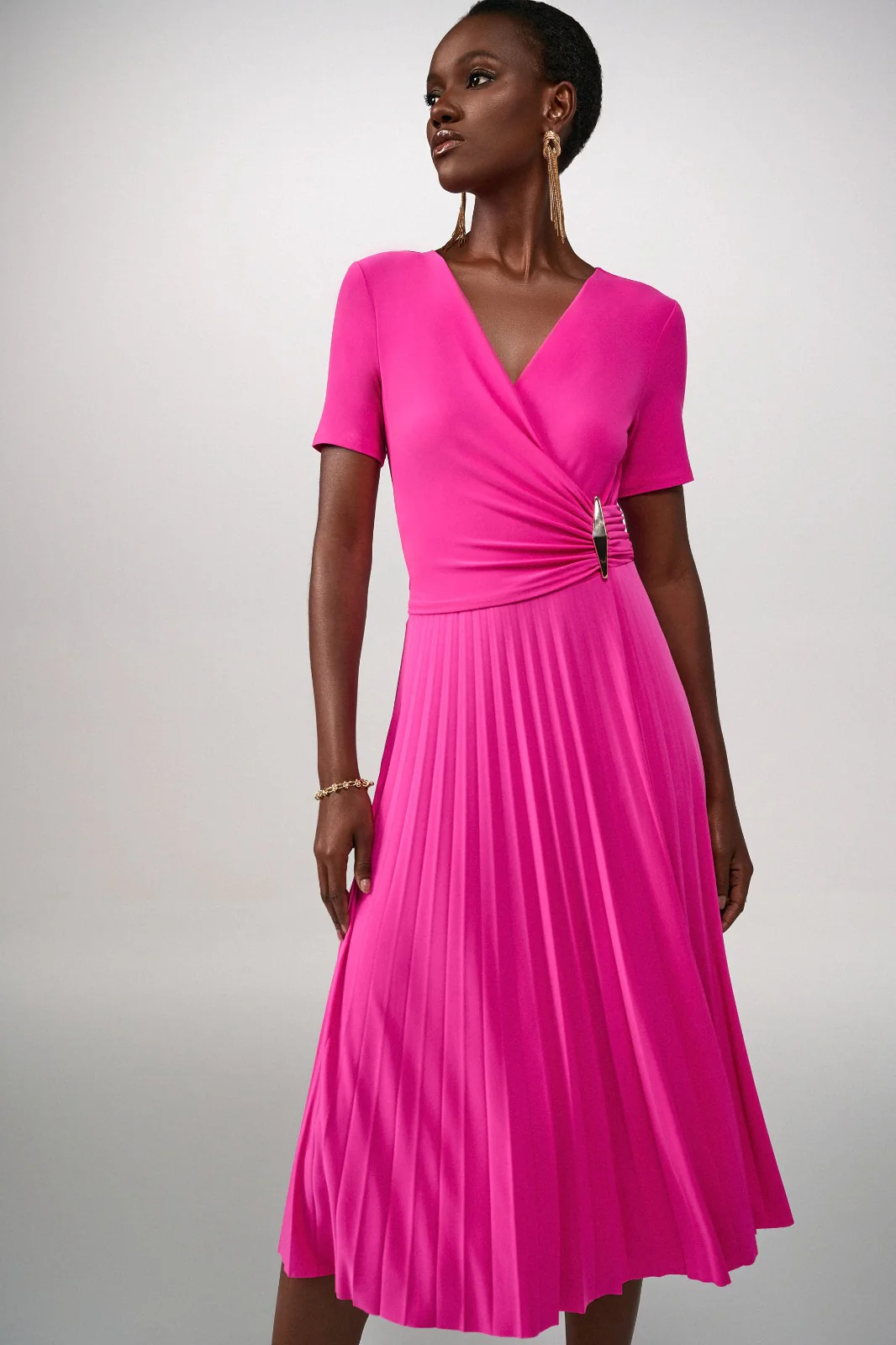 Joseph Ribkoff Ultra Pink Pleated Wrap Dress Style 241013 - Image 3