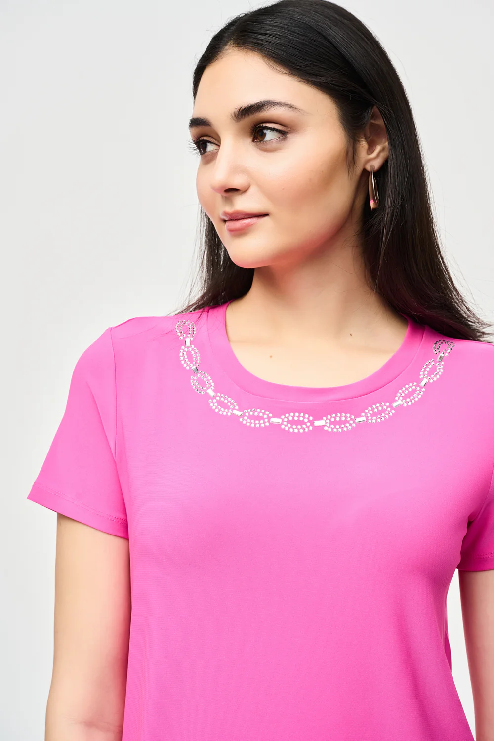Joseph Ribkoff Ultra Pink Top with Rhinestone Neckline Style 241019 - Image 3