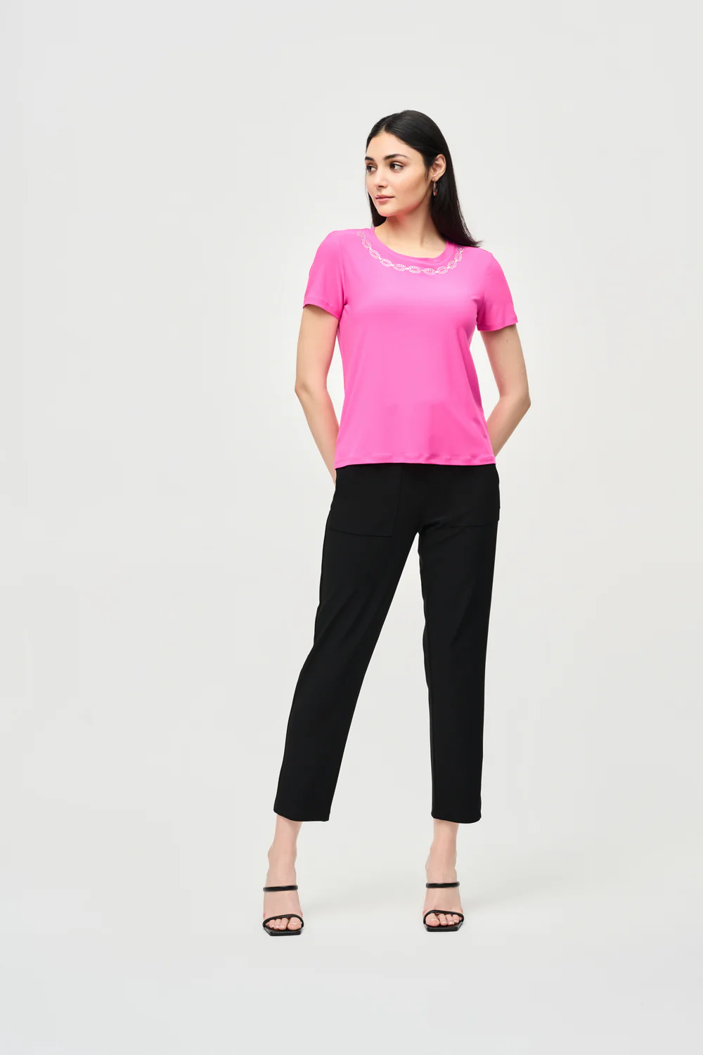 Joseph Ribkoff Ultra Pink Top with Rhinestone Neckline Style 241019 - Image 4