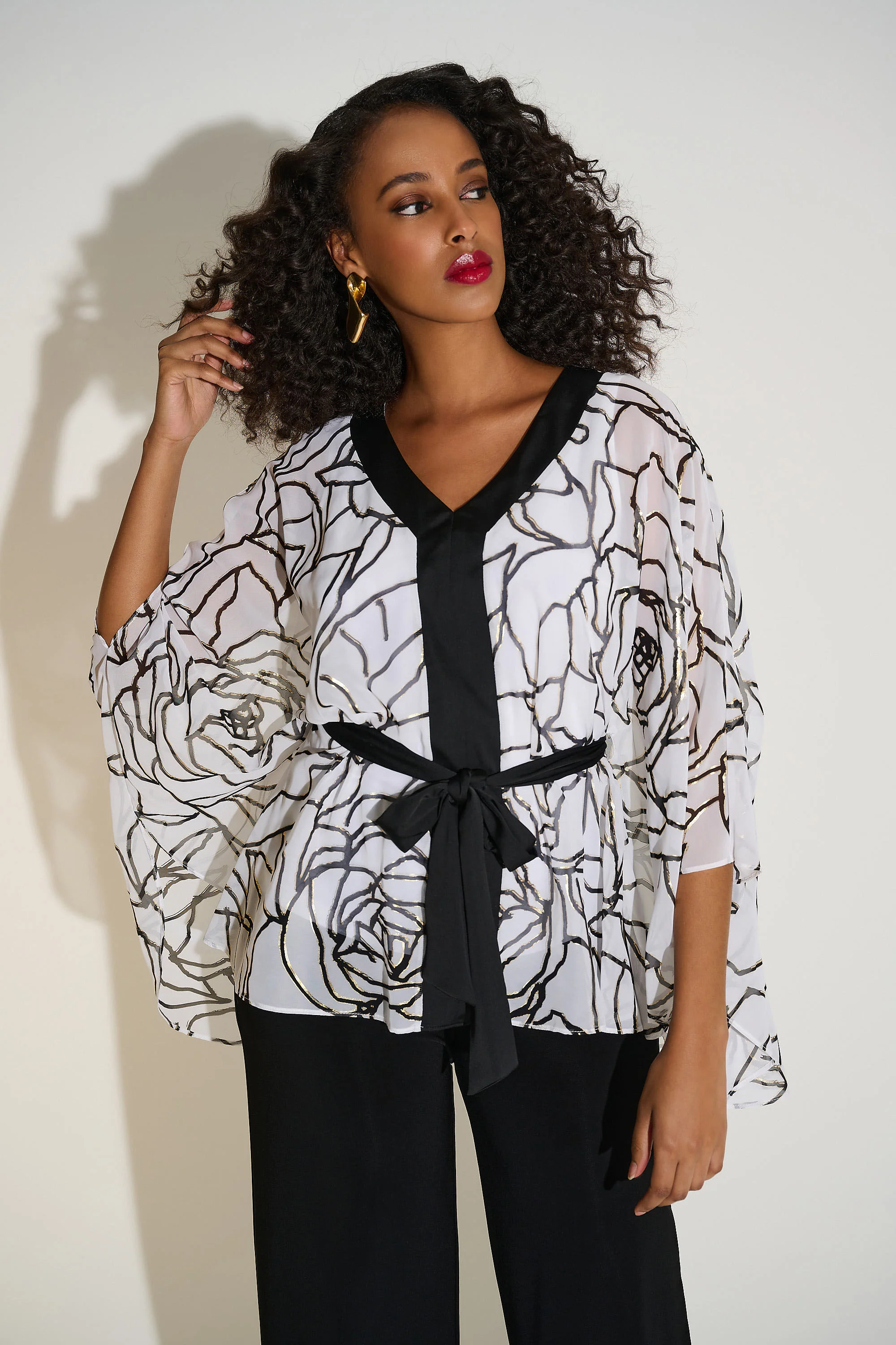 Joseph Ribkoff Vanilla/Black Floral Print Poncho Top Style 253795