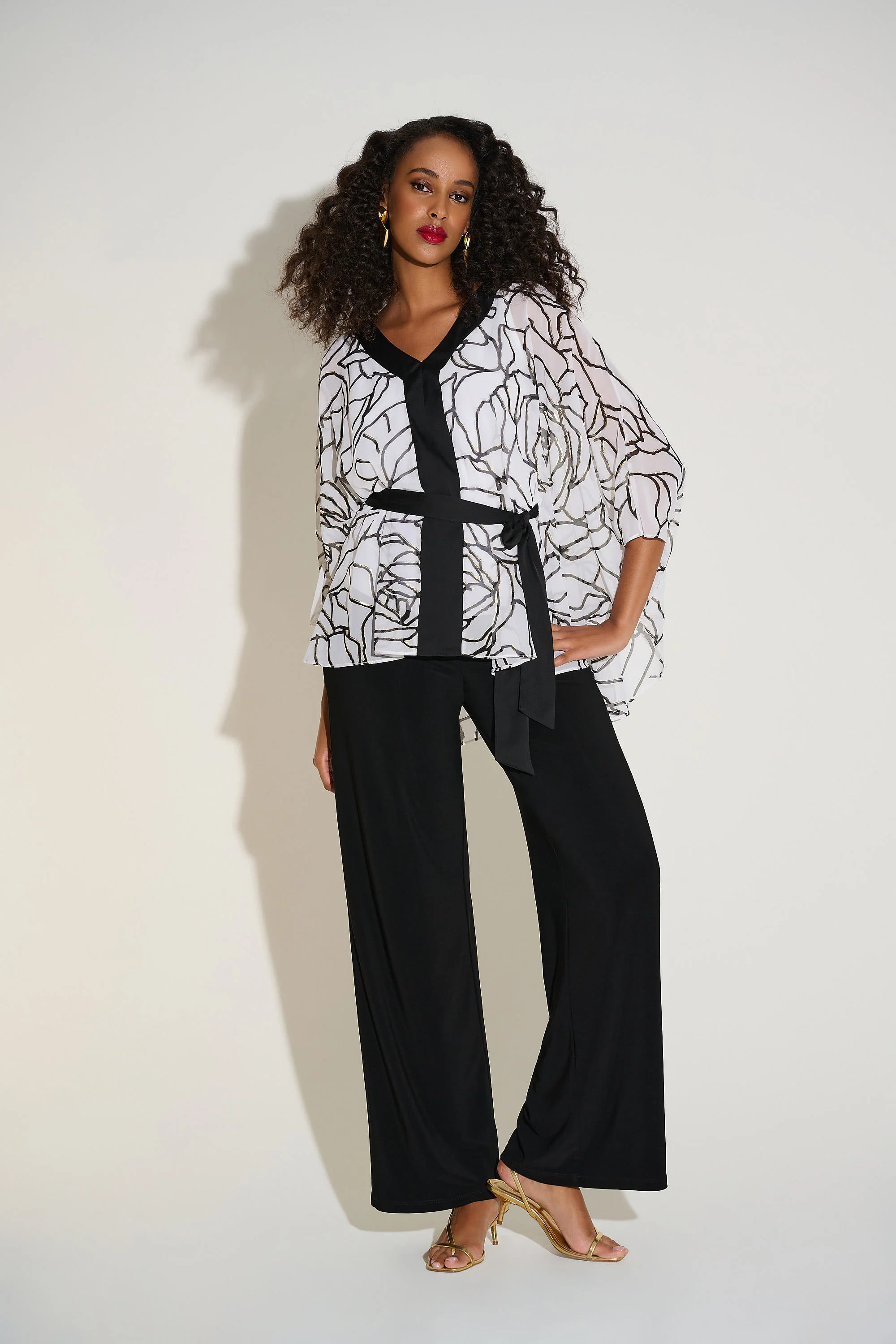 Joseph Ribkoff Vanilla/Black Floral Print Poncho Top Style 253795 - Image 2