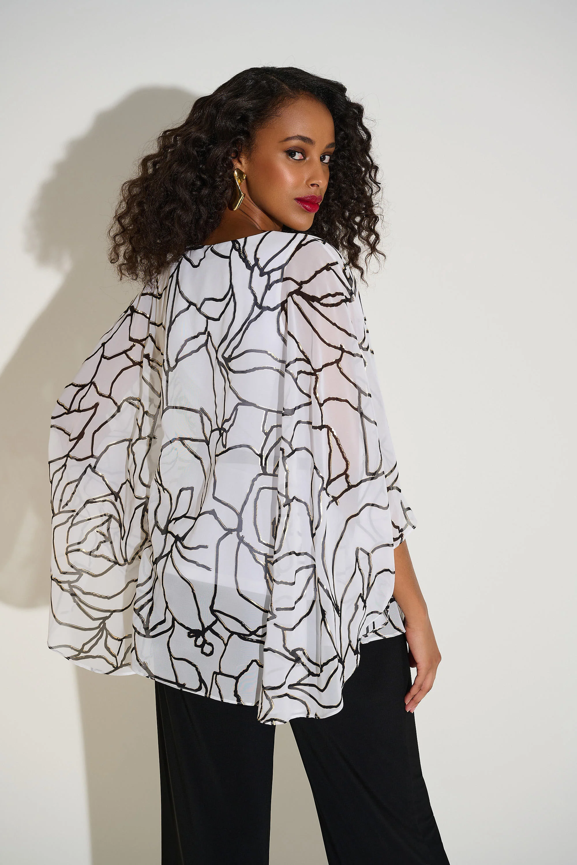 Joseph Ribkoff Vanilla/Black Floral Print Poncho Top Style 253795 - Image 4