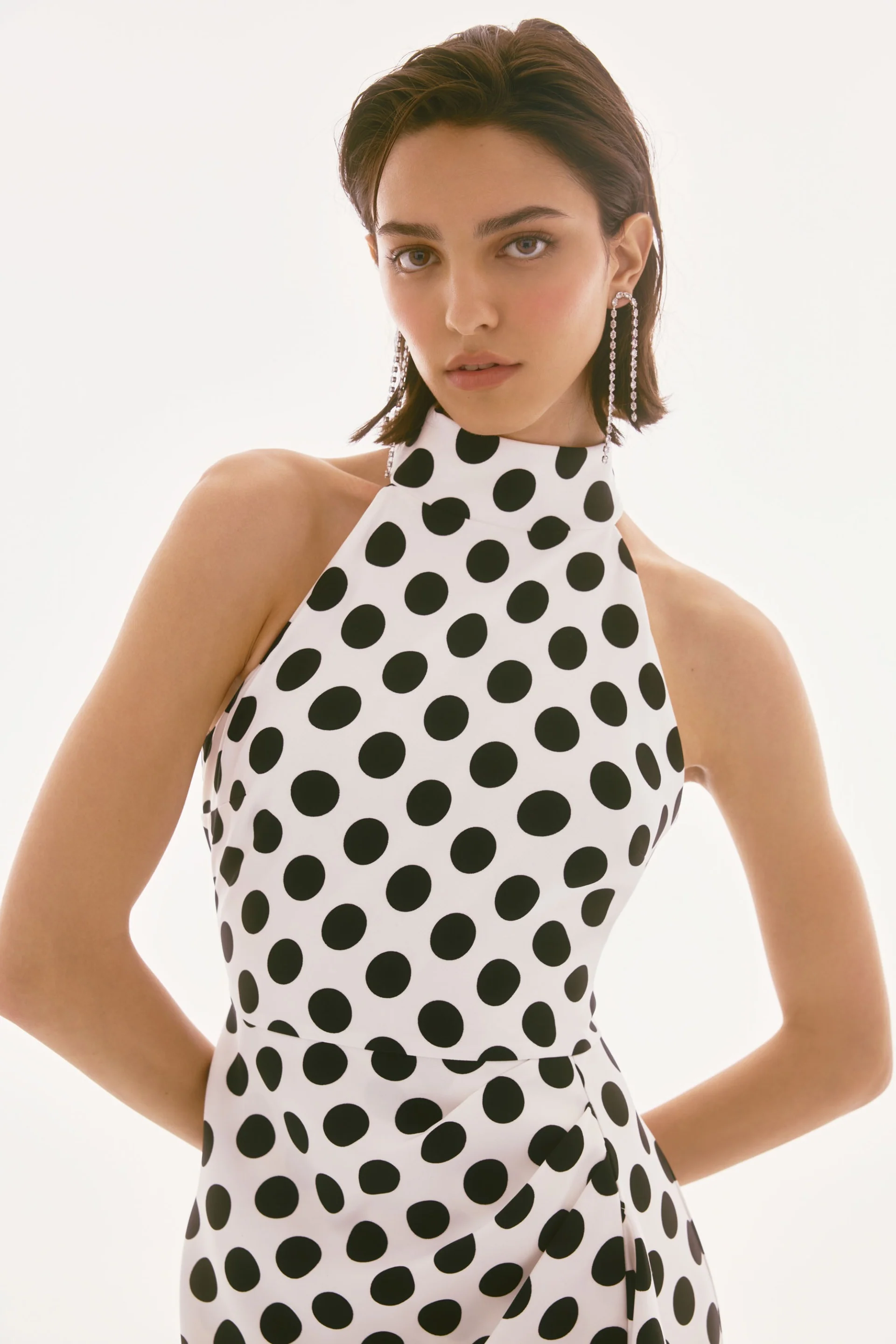 Joseph Ribkoff Vanilla/Black Lux Twill Dot Print Halter Dress Style 251759 - Image 2