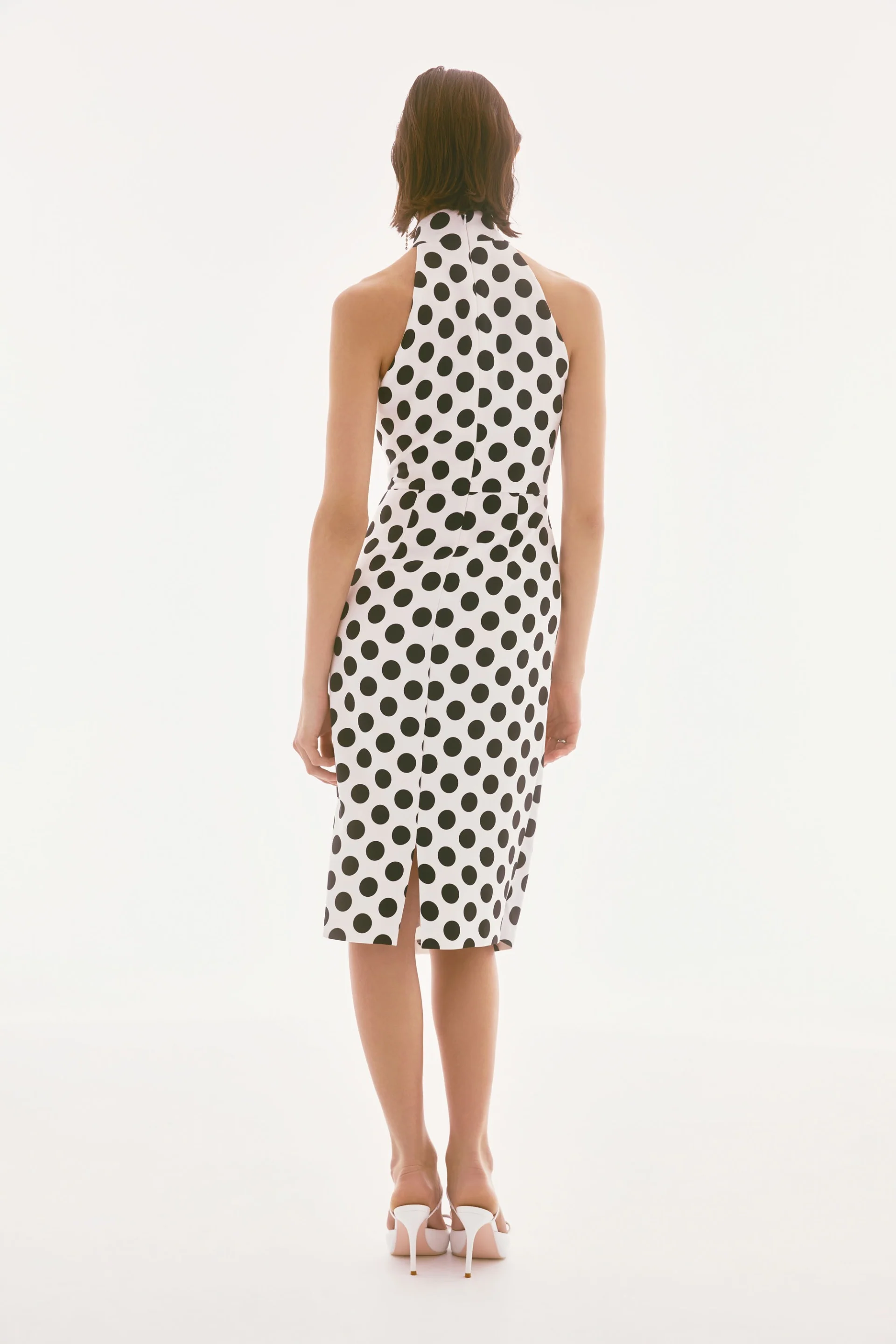 Joseph Ribkoff Vanilla/Black Lux Twill Dot Print Halter Dress Style 251759 - Image 4