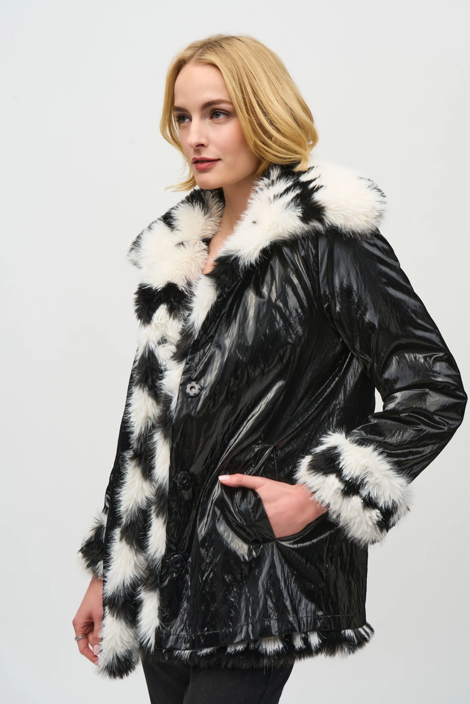Joseph Ribkoff Vanilla/Black Reversible Faux Fur Coat Style 244900 - Image 2