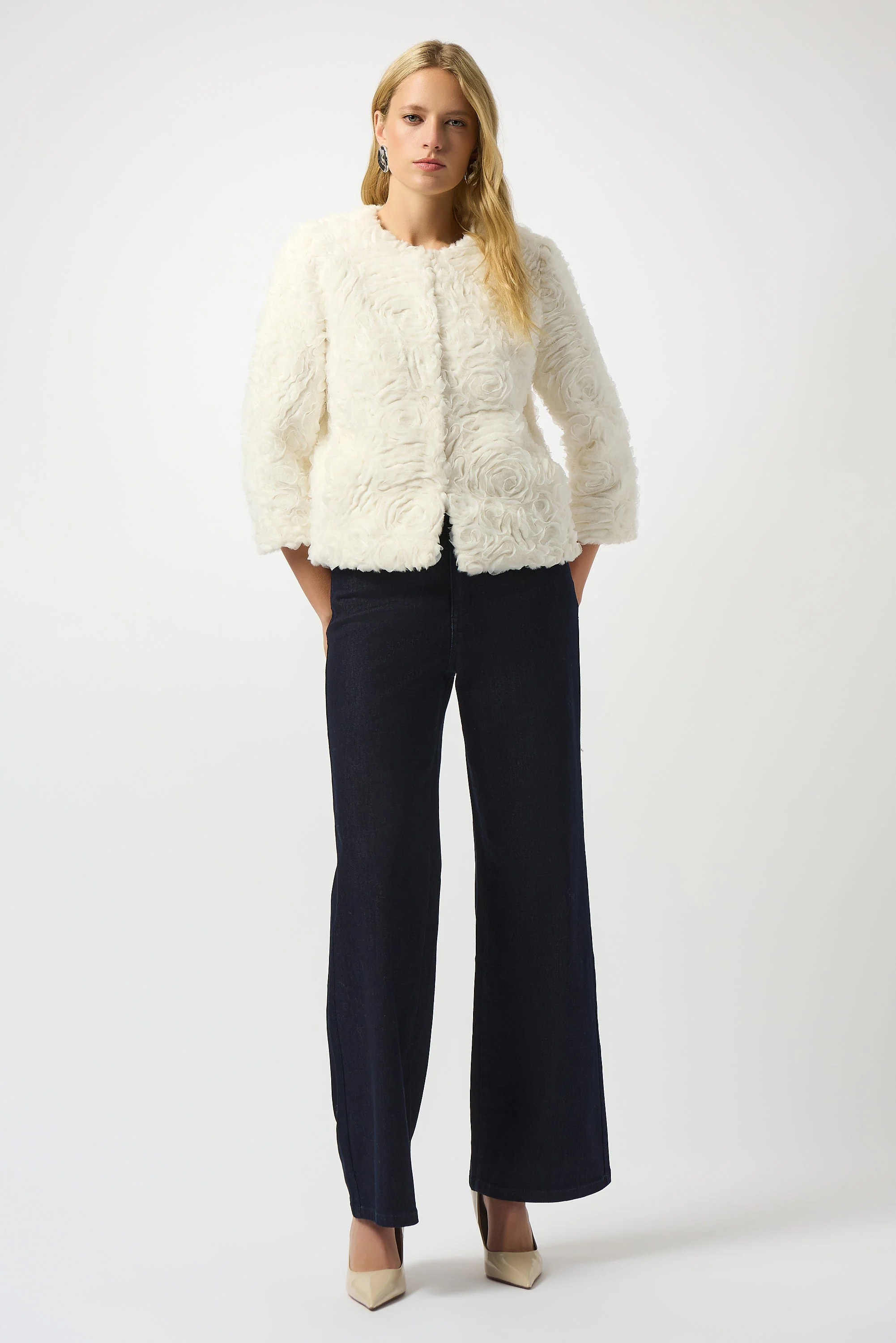 Joseph Ribkoff Vanilla Embroidered Faux Fur Collarless Jacket Style 253930
