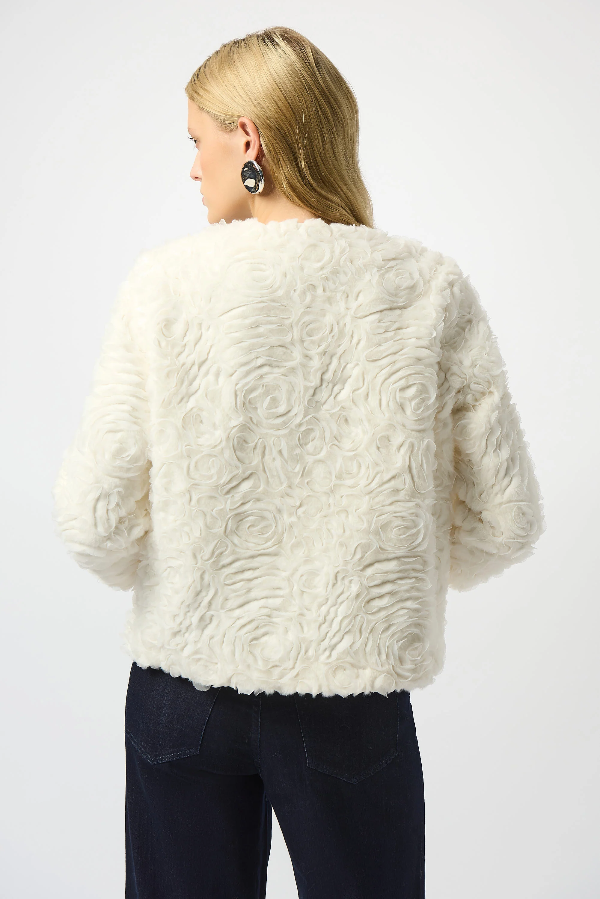 Joseph Ribkoff Vanilla Embroidered Faux Fur Collarless Jacket Style 253930 - Image 4