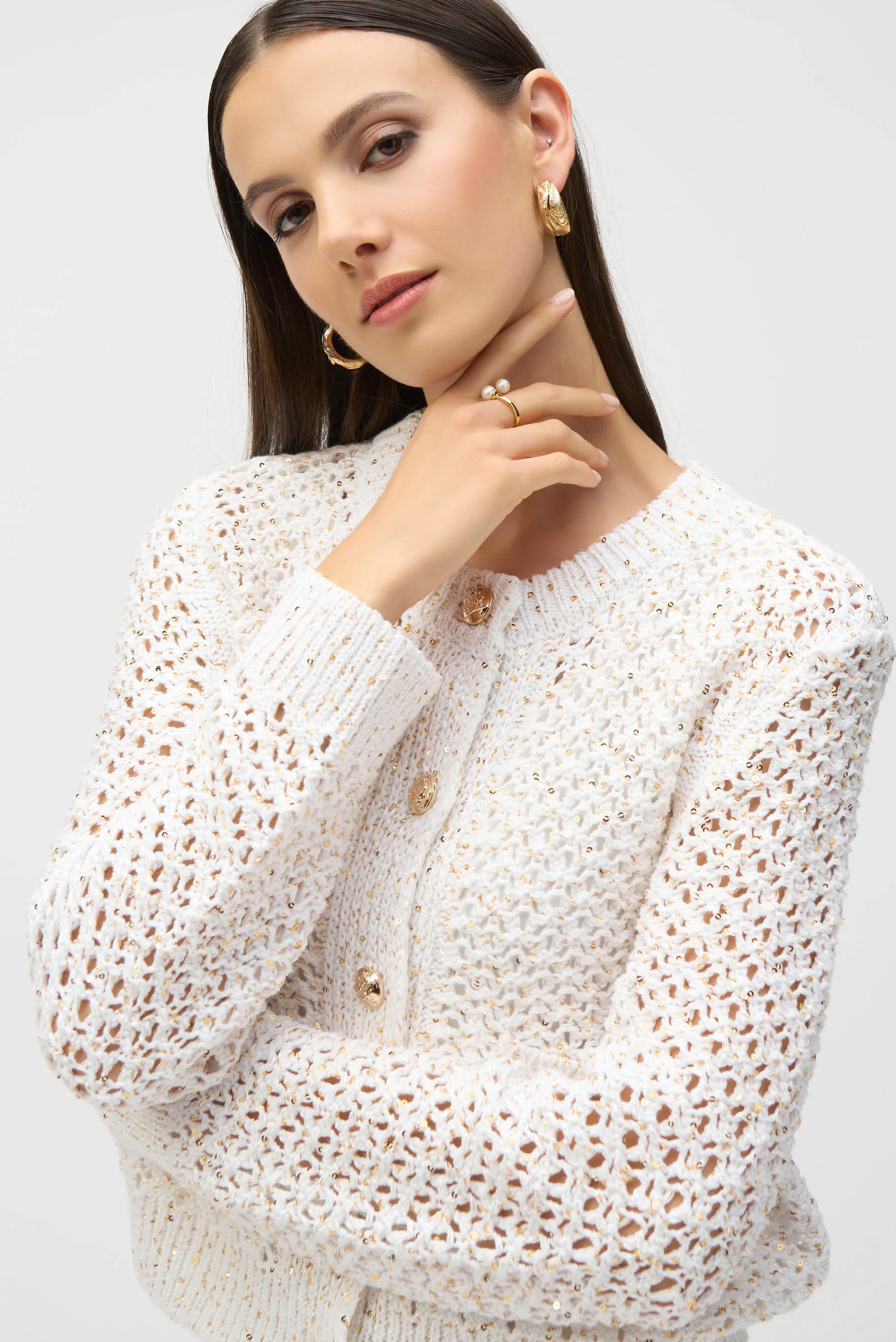 Joseph Ribkoff Vanilla/Gold Open Stitch Short Cardigan Style 252917 - Image 2
