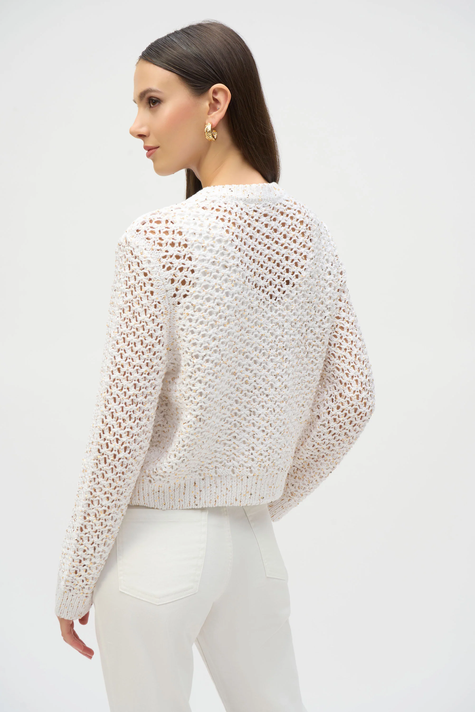 Joseph Ribkoff Vanilla/Gold Open Stitch Short Cardigan Style 252917 - Image 3