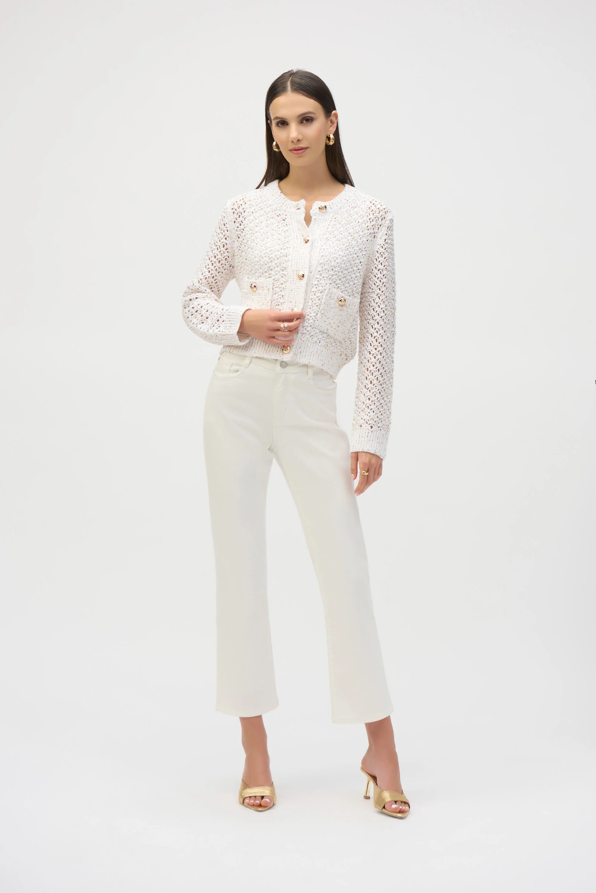 Joseph Ribkoff Vanilla/Gold Open Stitch Short Cardigan Style 252917 - Image 4