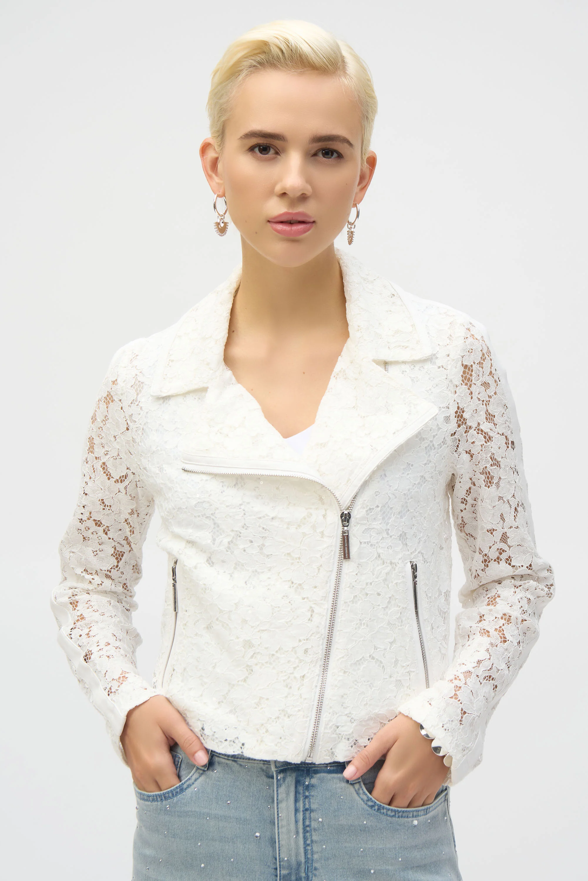 Joseph Ribkoff Vanilla Lace Fitted Moto Jacket Style 252920