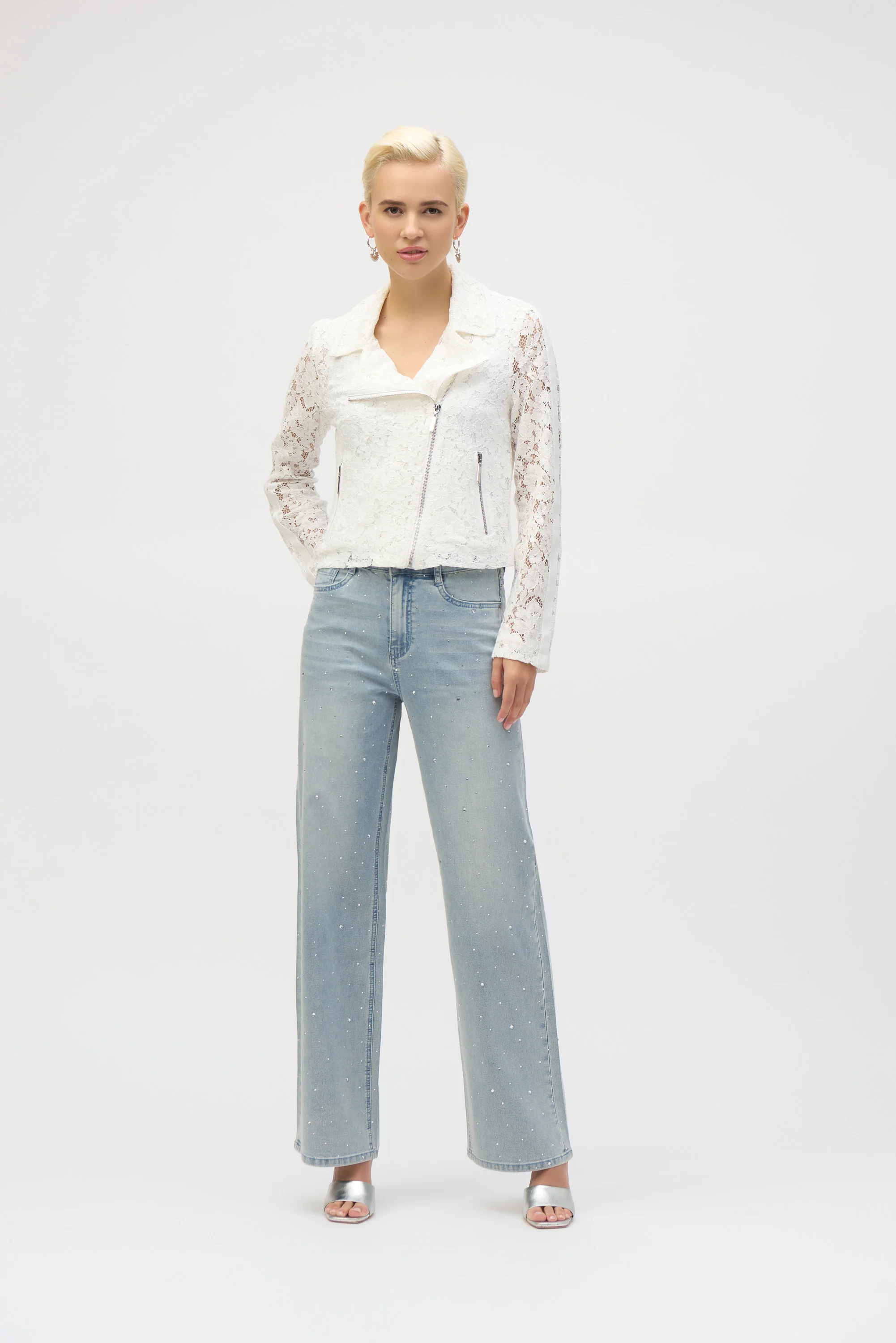 Joseph Ribkoff Vanilla Lace Fitted Moto Jacket Style 252920 - Image 2
