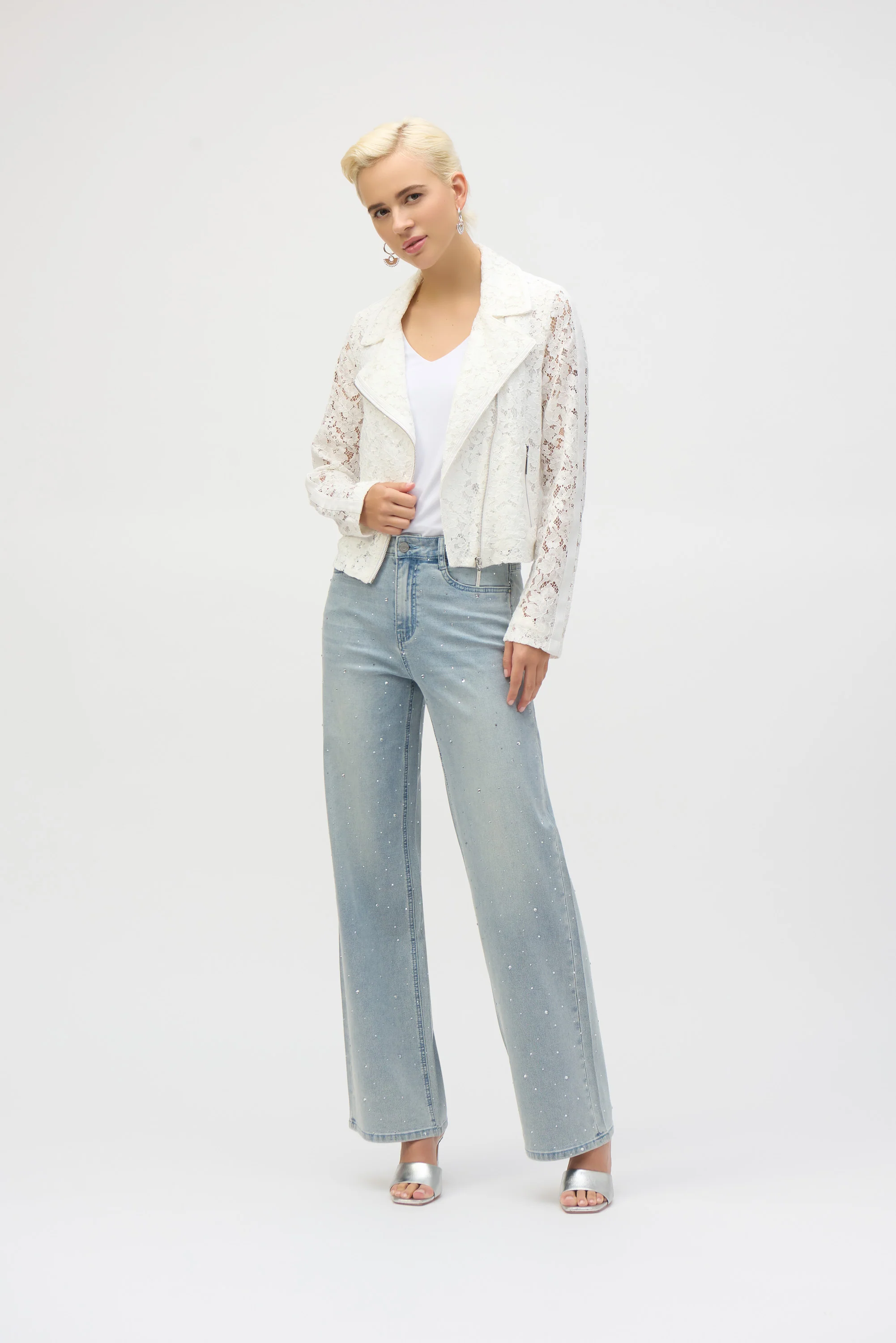 Joseph Ribkoff Vanilla Lace Fitted Moto Jacket Style 252920 - Image 3