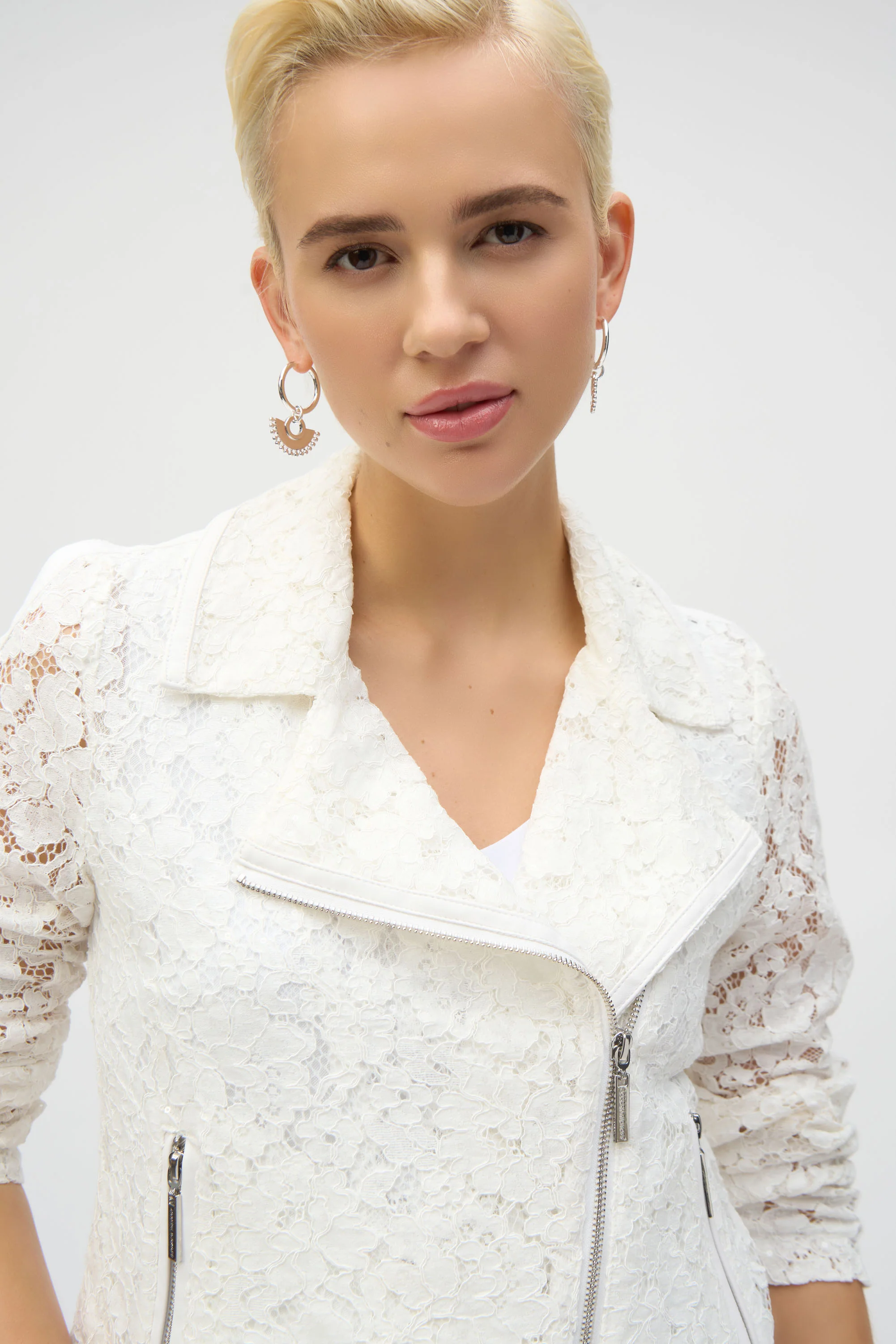 Joseph Ribkoff Vanilla Lace Fitted Moto Jacket Style 252920 - Image 4