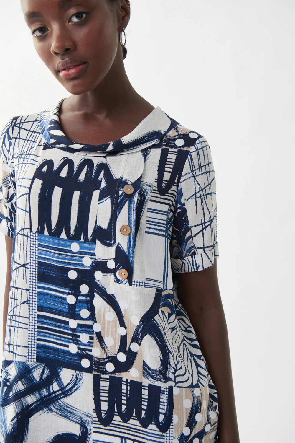 Joseph Ribkoff Vanilla/Midnight Blue Mixed Print Dress Style 222007 - Image 3