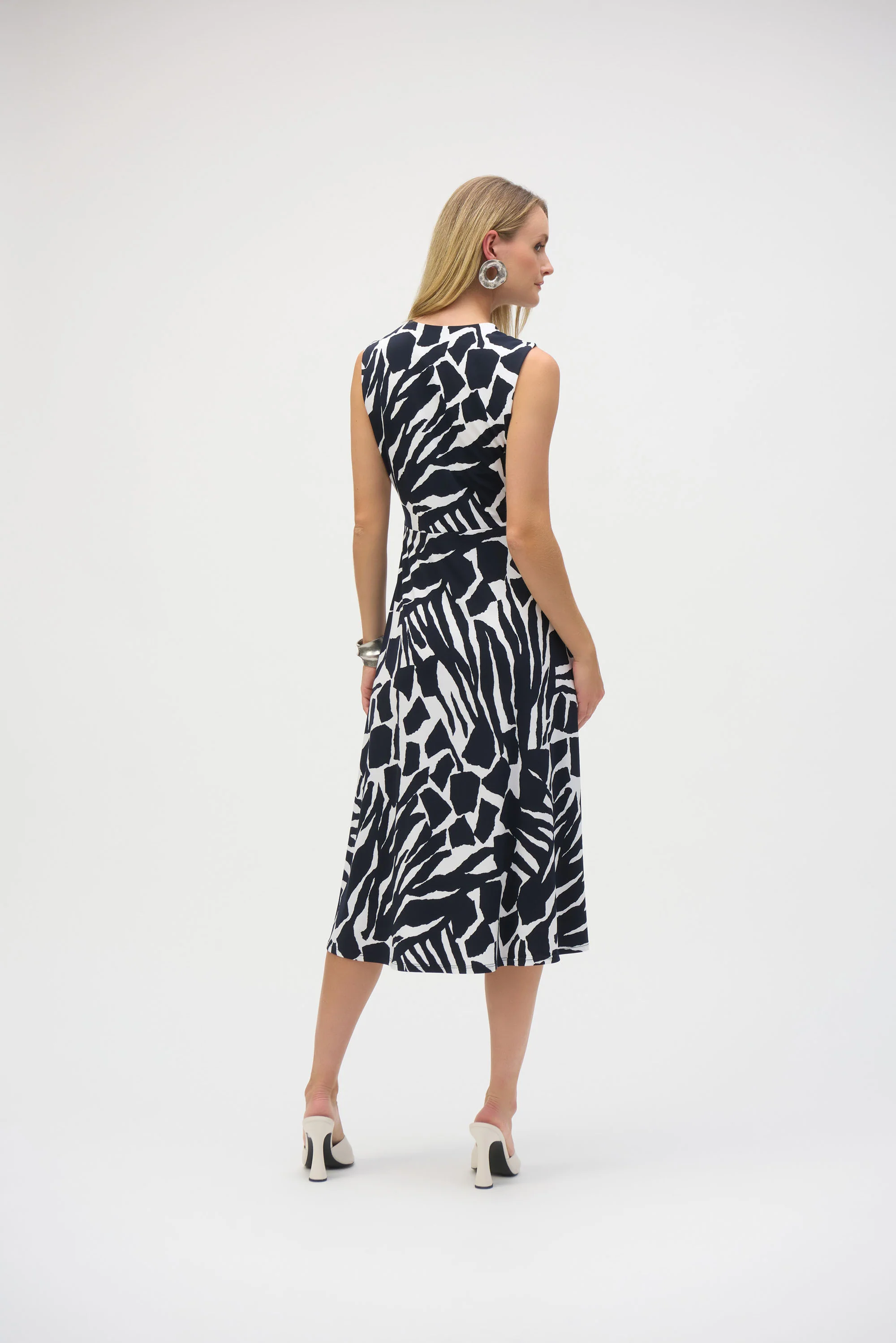Joseph Ribkoff Vanilla/Midnight Blue Silky Knit Abstract Print Fit and Flare Dress Style 252199 - Image 2