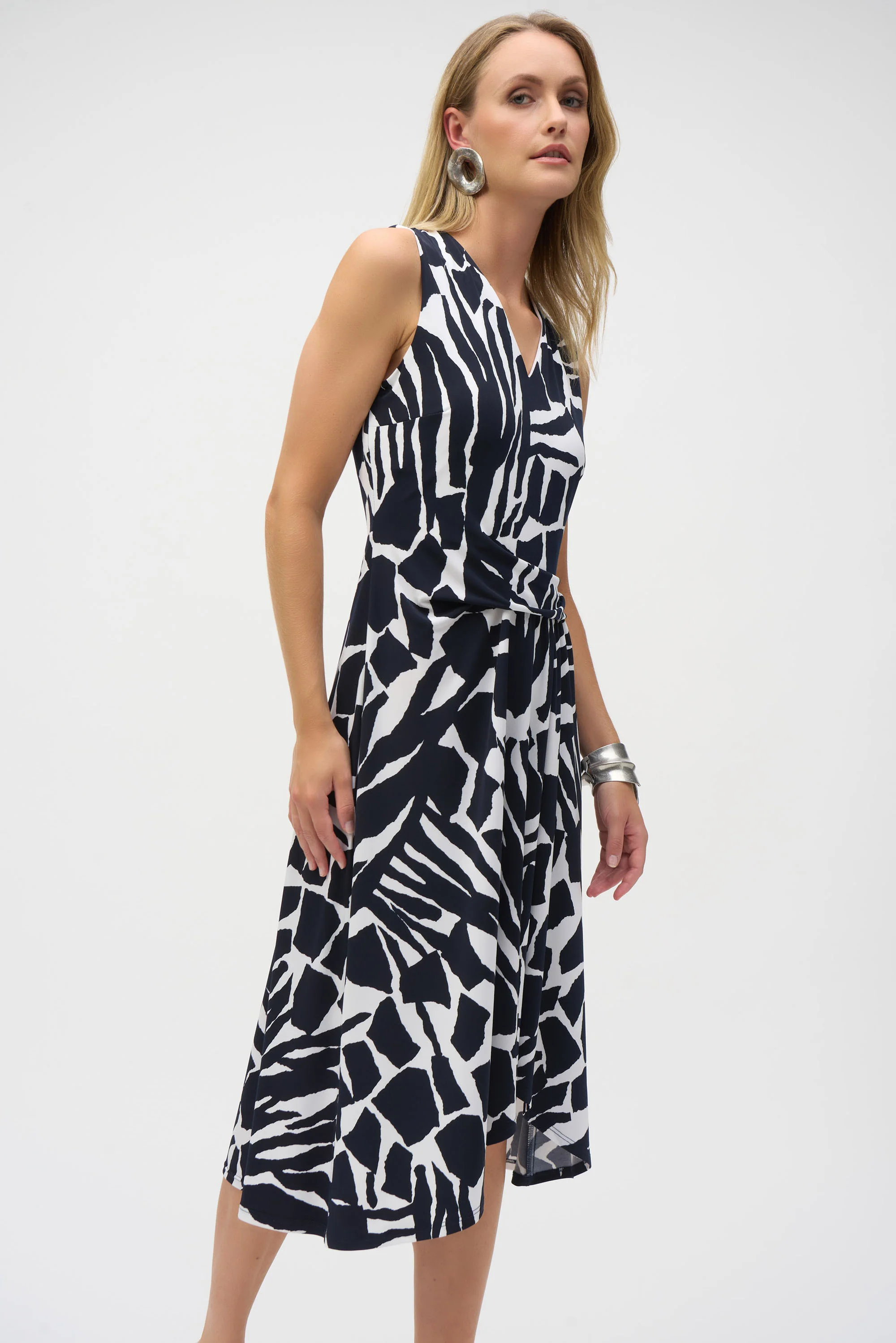 Joseph Ribkoff Vanilla/Midnight Blue Silky Knit Abstract Print Fit and Flare Dress Style 252199 - Image 3