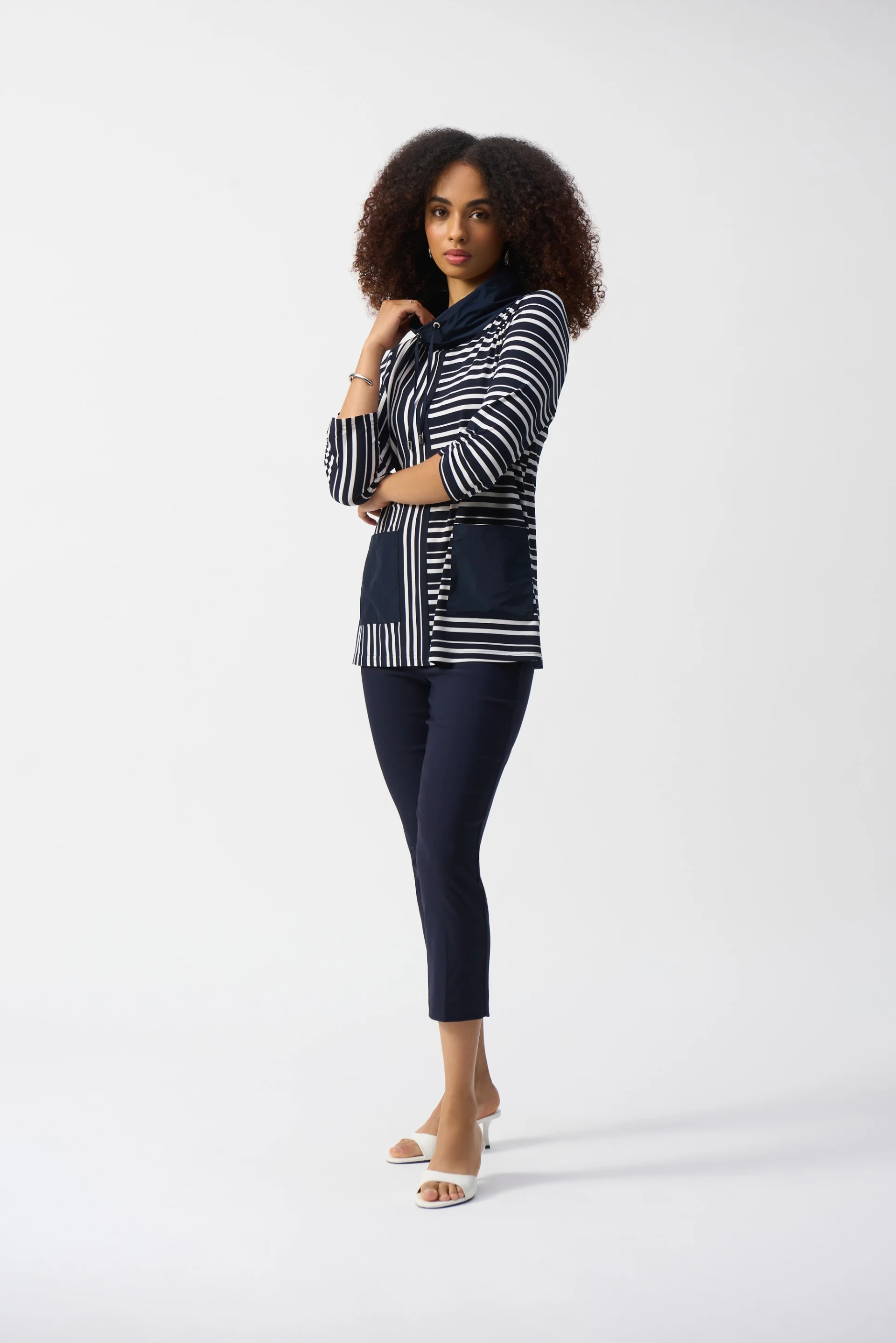 Joseph Ribkoff Vanilla/Midnight Blue Stripe Print Boxy Tunic Style 251126 - Image 4