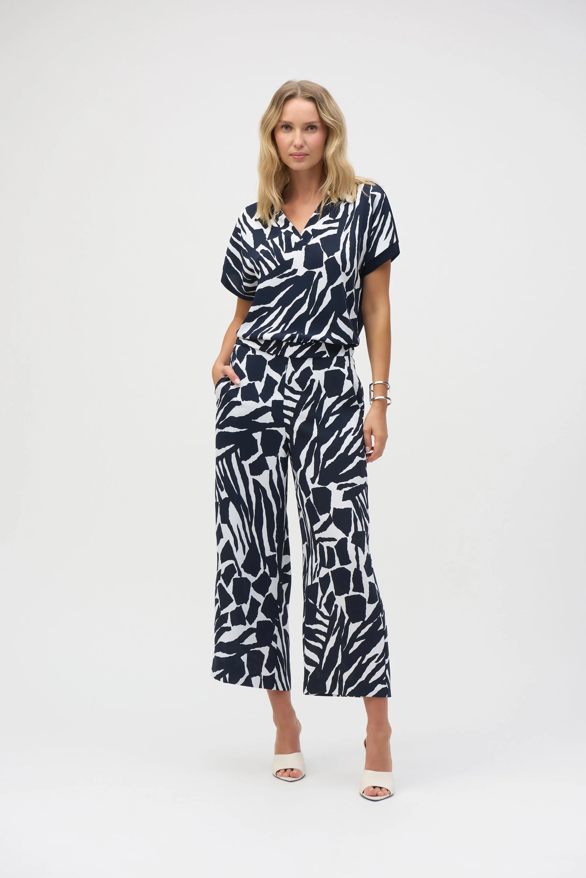 Joseph Ribkoff Vanilla/Midnight Blue Woven Abstract Print Pull-On Culotte Pants Style 252145 - Image 3