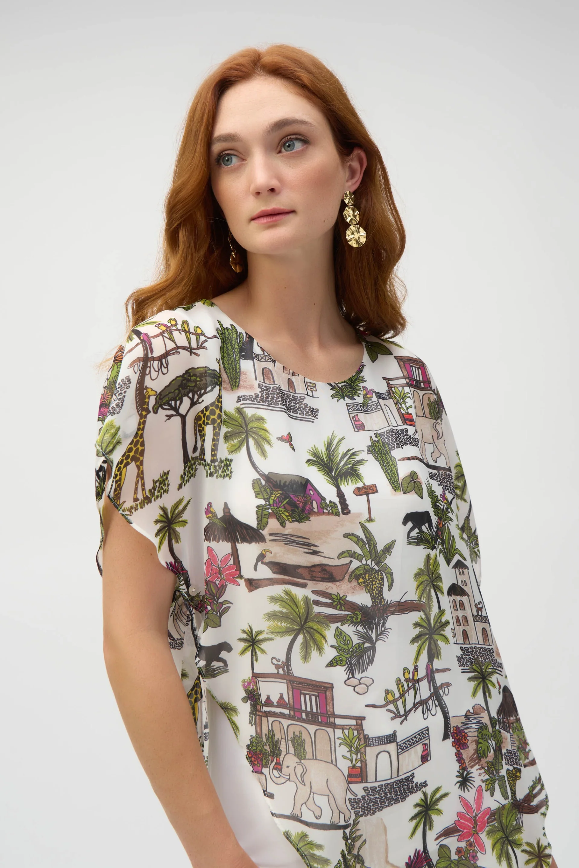 Joseph Ribkoff Vanilla/Multi Chiffon Conversational Print Poncho Top Style 252228 - Image 2