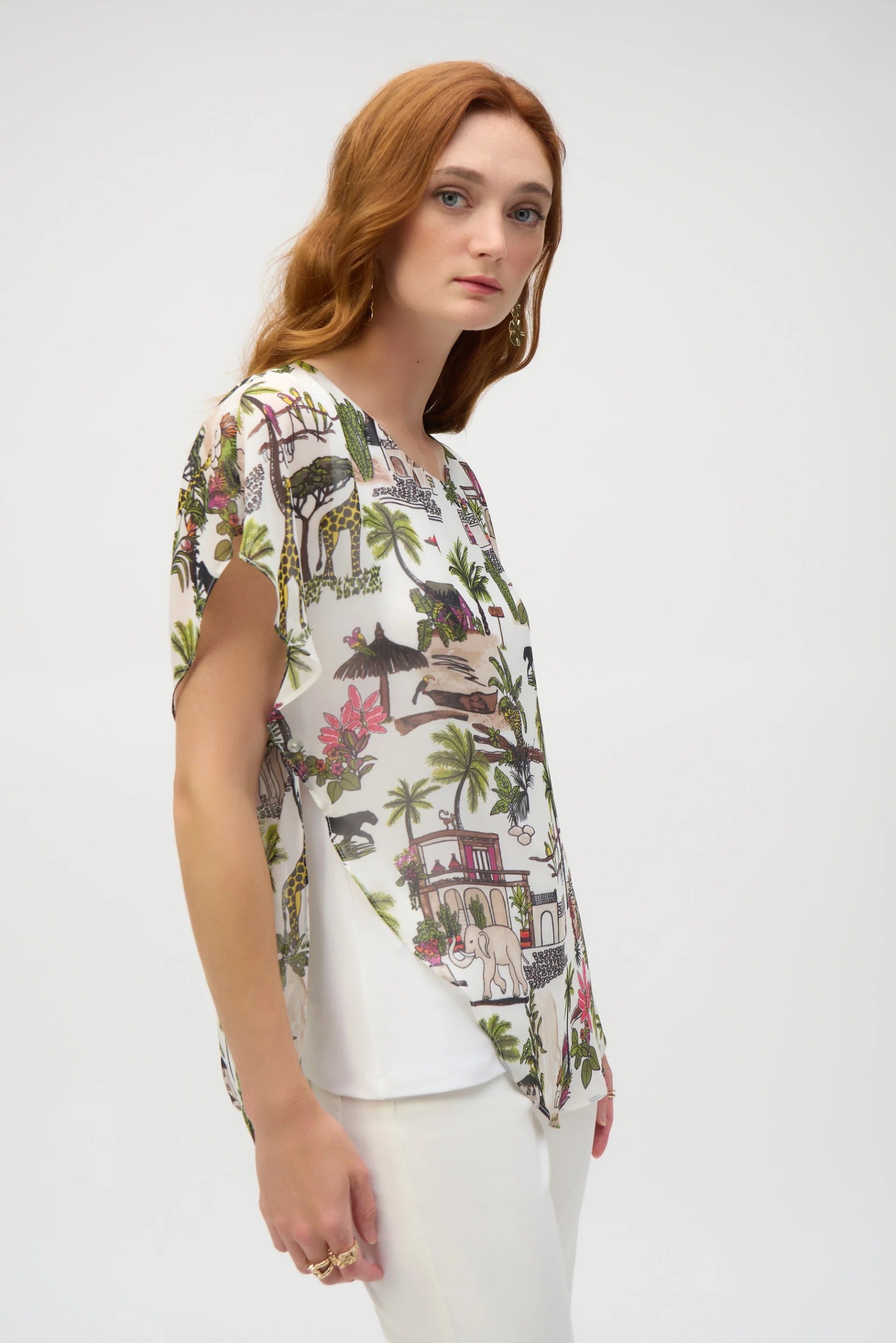 Joseph Ribkoff Vanilla/Multi Chiffon Conversational Print Poncho Top Style 252228 - Image 3
