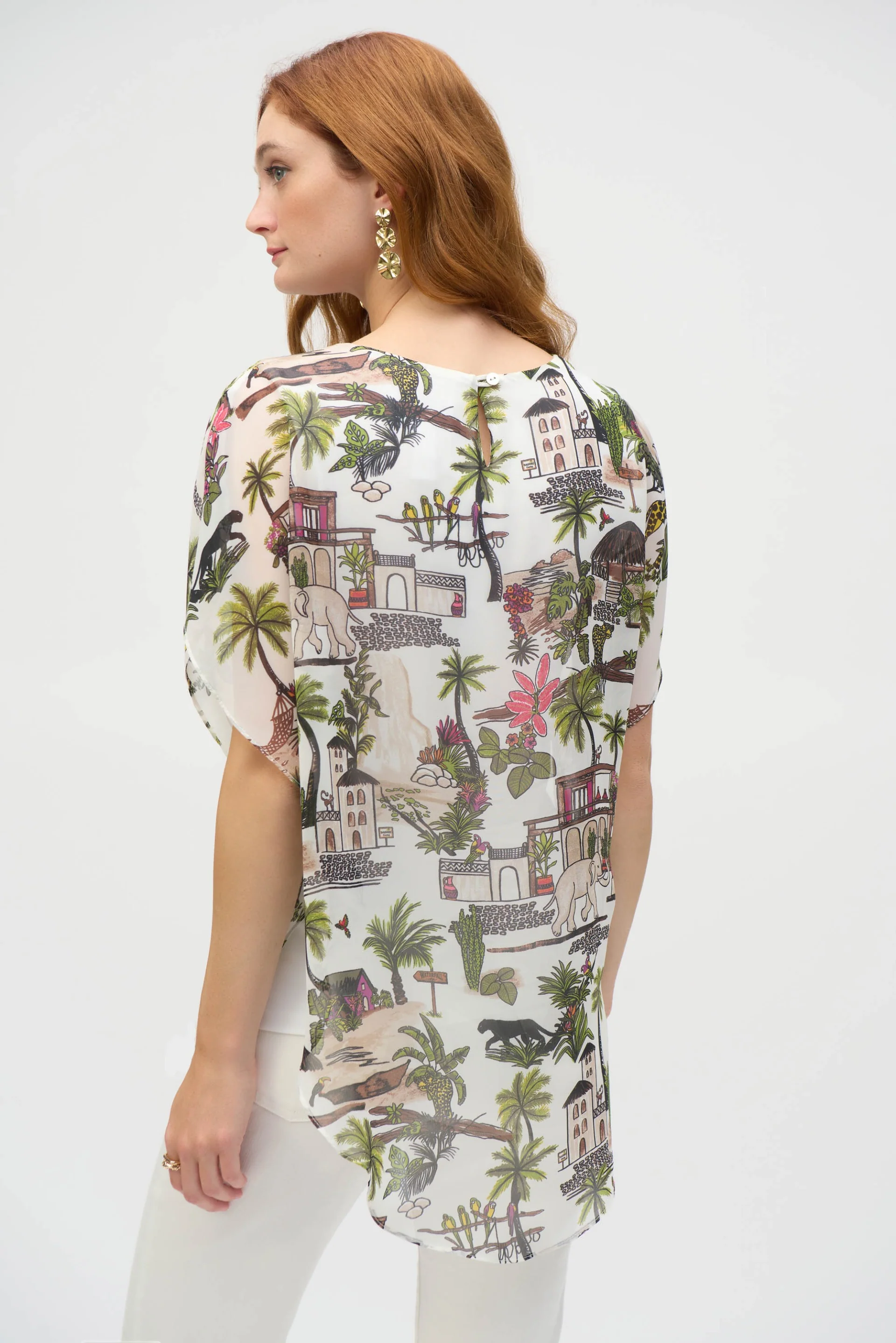 Joseph Ribkoff Vanilla/Multi Chiffon Conversational Print Poncho Top Style 252228 - Image 4