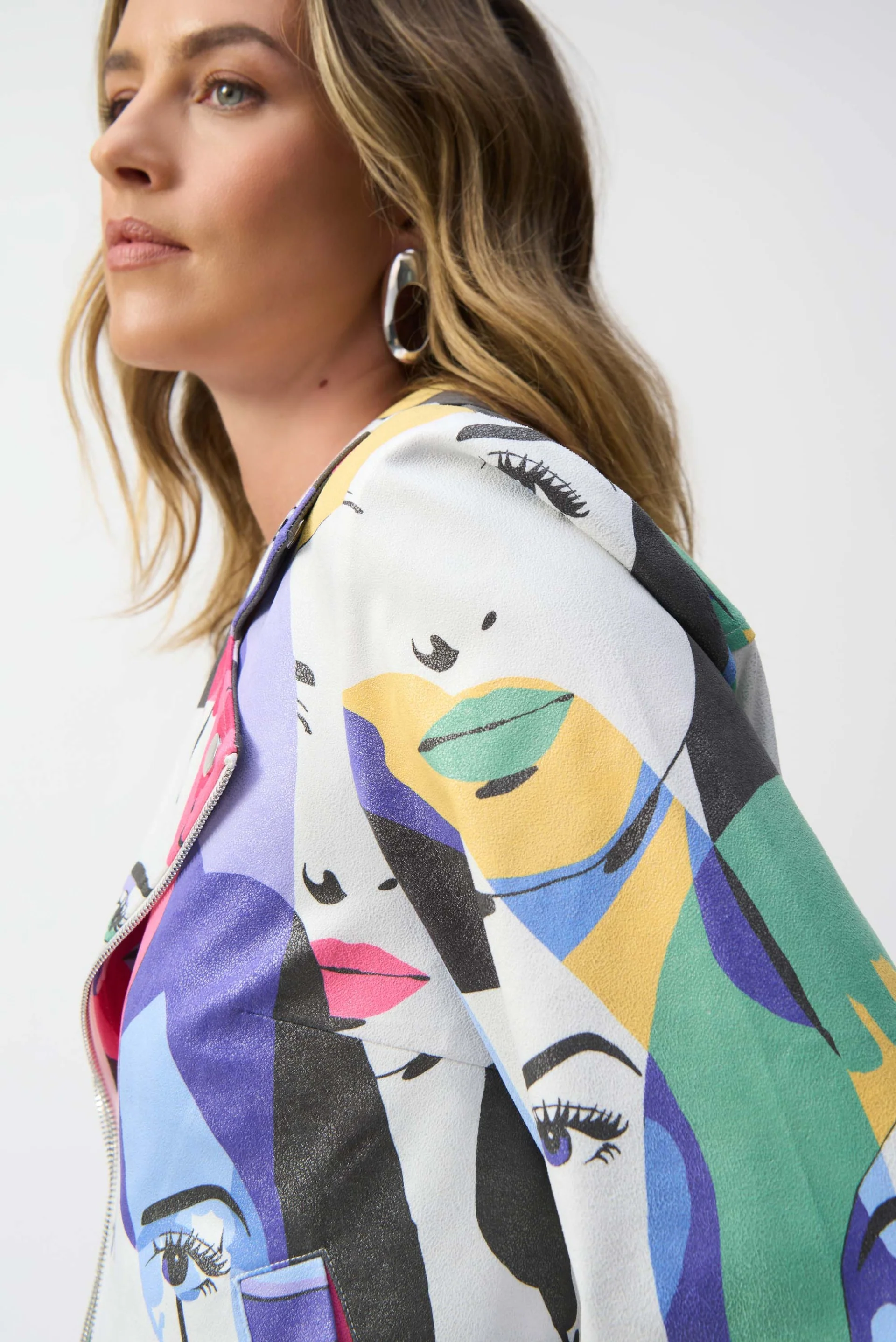 Joseph Ribkoff Vanilla/Multi Faux Suede Face Print Trapeze Jacket Style 251909 - Image 3