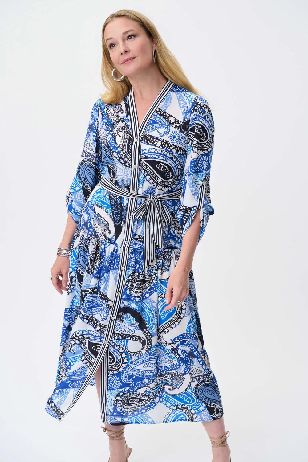 Joseph Ribkoff Vanilla/Multi Paisley Dress With Shoulder Shirring Style 231100 - Image 2